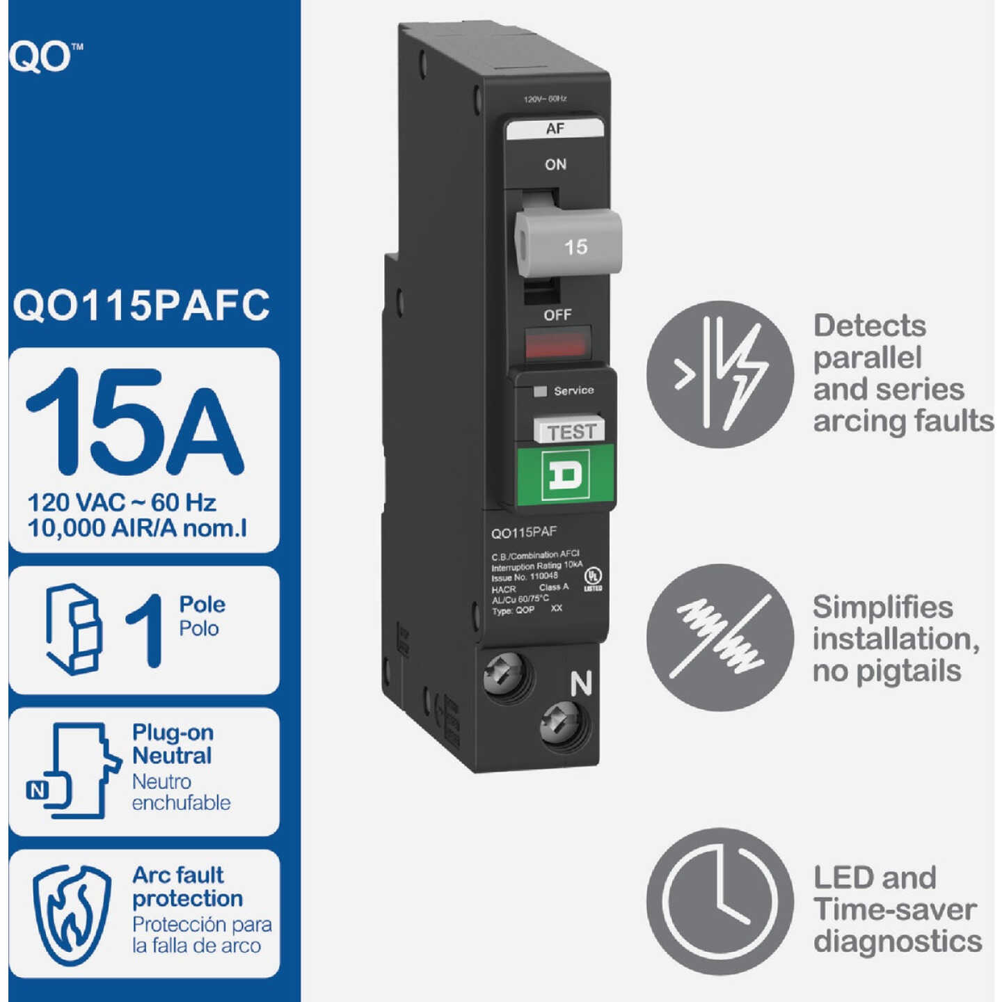 Square D QO 15A Single-Pole CAFCI Mini Dual Function Circuit Breaker Image 2
