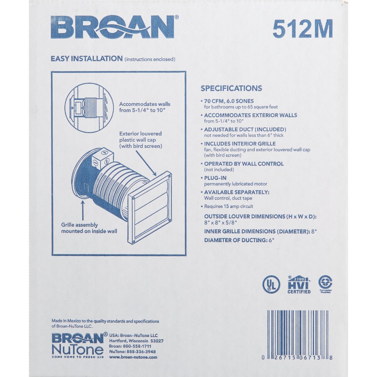 Broan-NuTone 70 CFM 65 Sq. Ft. Coverage Area 6.0 Sones Wall Ventilator Image 4