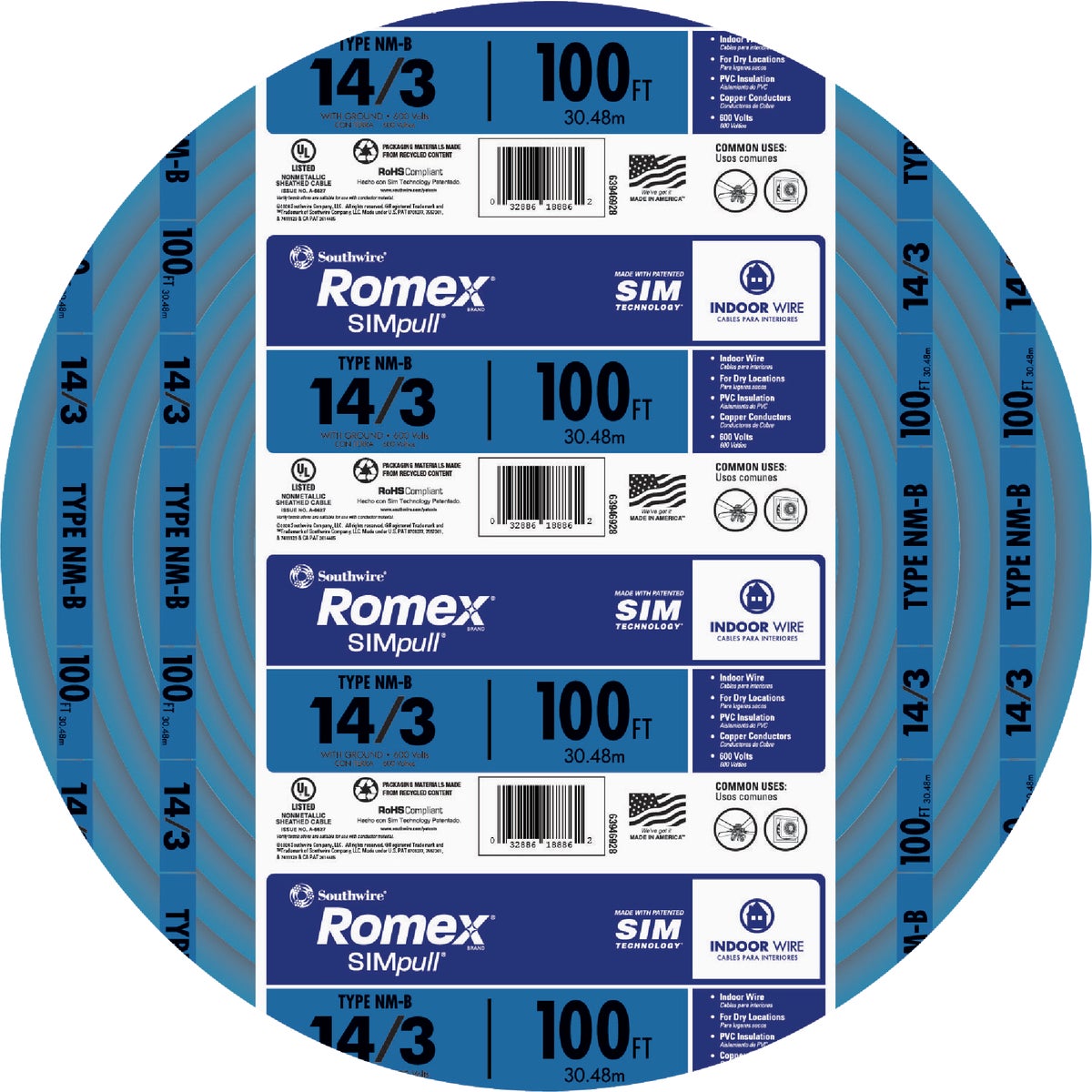 Romex 100 Ft. 14/3 Solid Blue NMW/G Electrical Wire