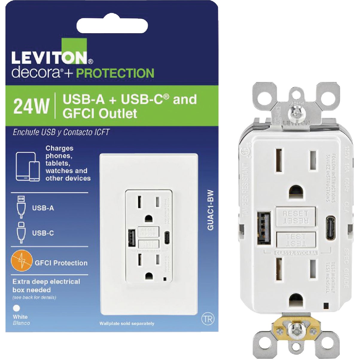 Leviton SmartlockPro White 2-Port USB Charging Outlet with 5-15R Self-Test GFCI In-Wall Charger Duplex Outlet