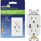 Leviton SmartlockPro White 2-Port USB Charging Outlet with 5-15R Self-Test GFCI In-Wall Charger Duplex Outlet Image 1