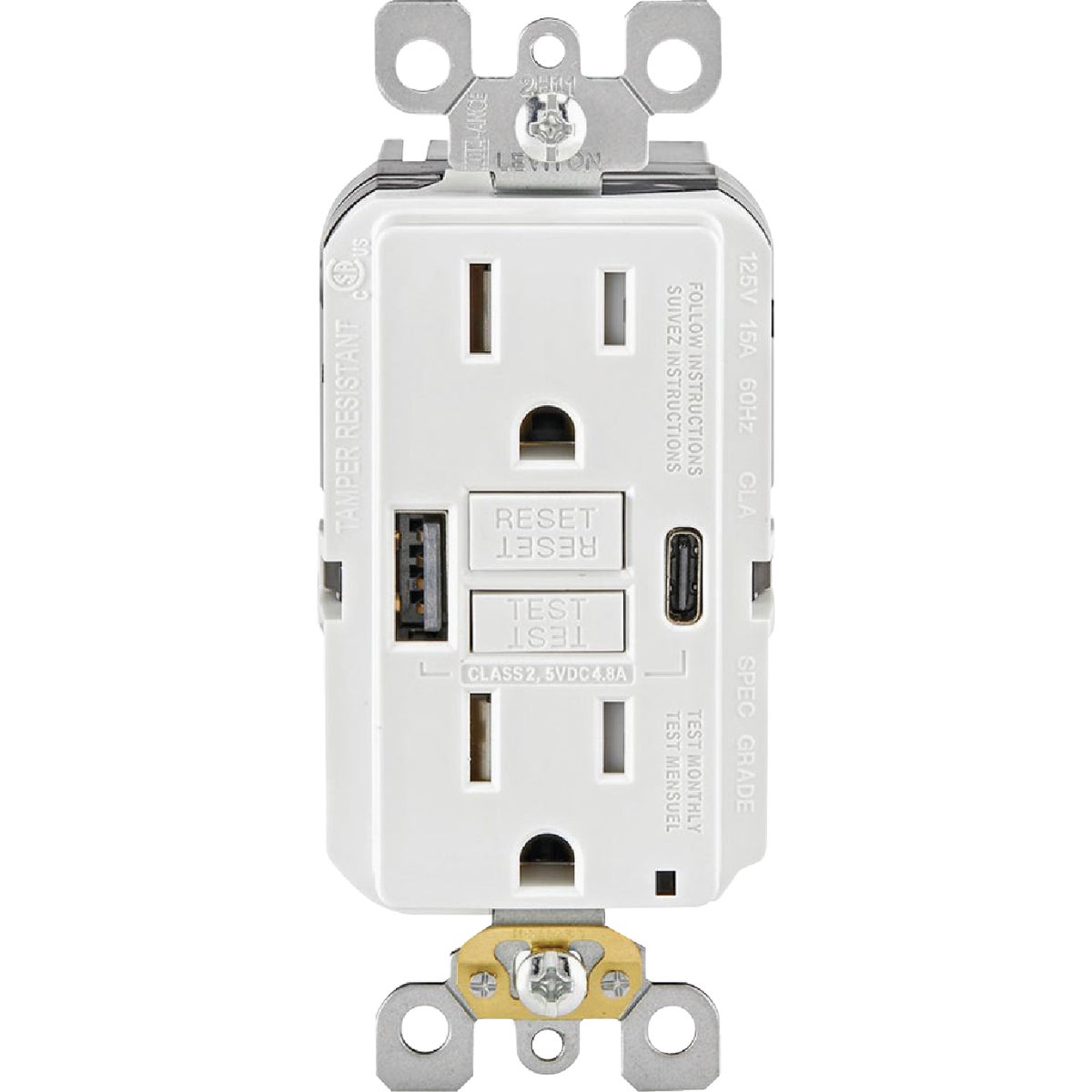 Leviton SmartlockPro White 2-Port USB Charging Outlet with 5-15R Self-Test GFCI In-Wall Charger Duplex Outlet Image 4