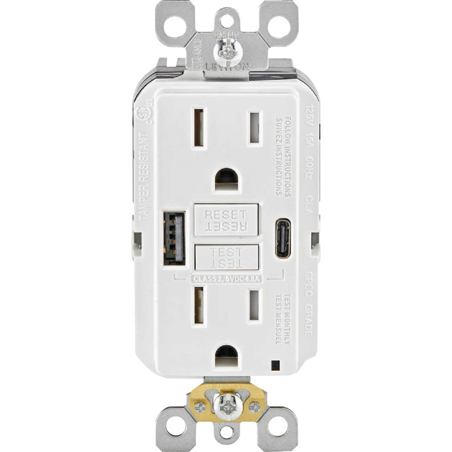 Leviton SmartlockPro White 2-Port USB Charging Outlet with 5-15R Self-Test GFCI In-Wall Charger Duplex Outlet Image 4