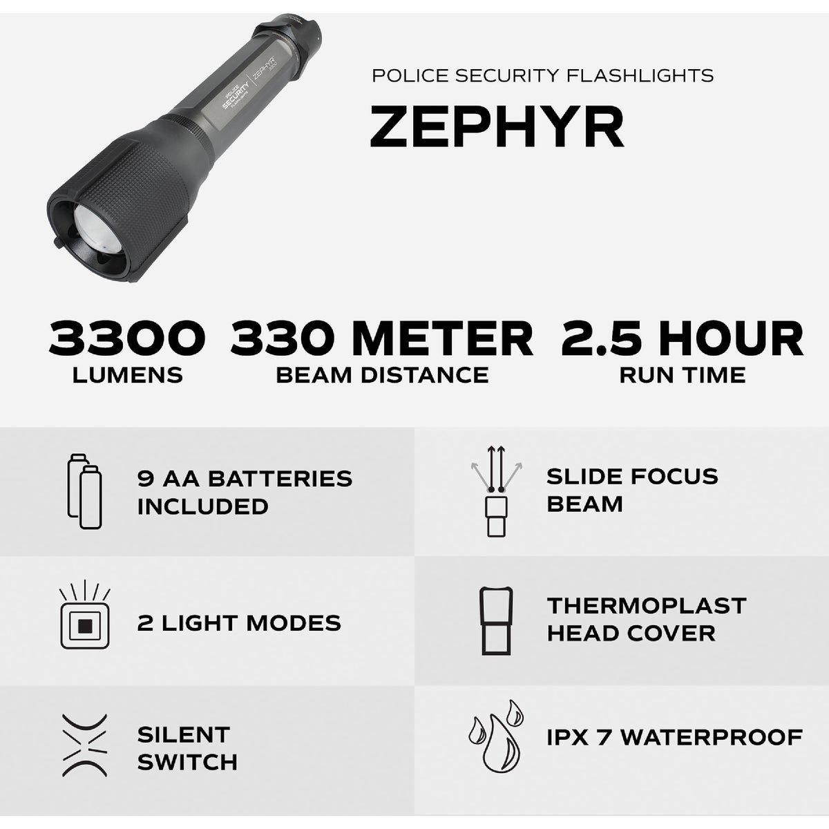 Police Security Zephyr 3300 Lm. LED Flashlight Image 3