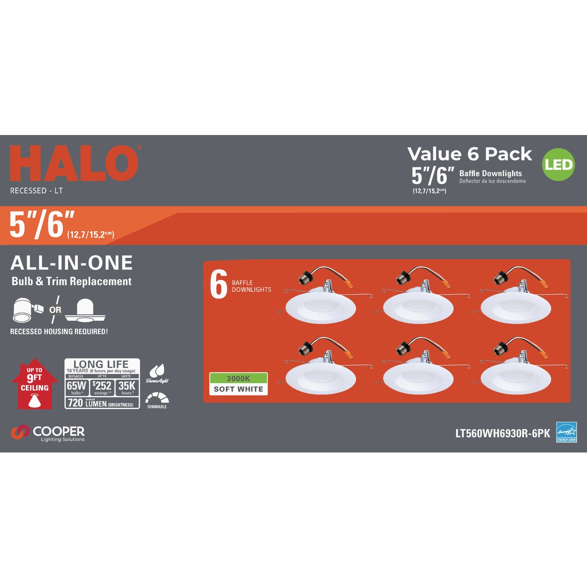 Halo 5 in./6 in. Retrofit IC Rated White LED Recessed Light Fixture (6-Pack)  Image 2