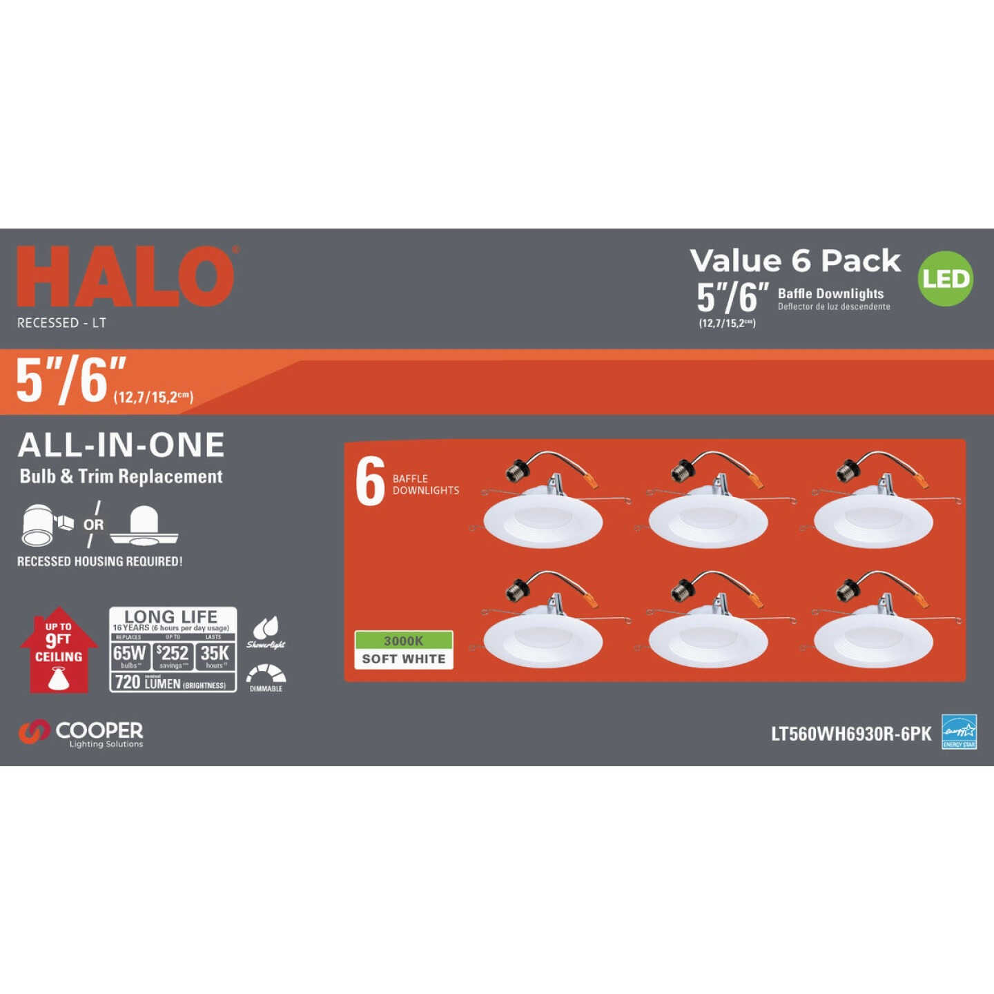 Halo 5 in./6 in. Retrofit IC Rated White LED Recessed Light Fixture (6-Pack) Image 2