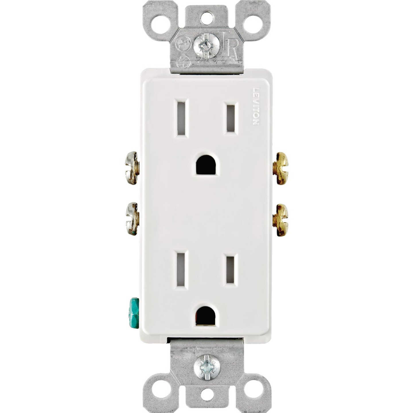 Leviton Decora 15A White Tamper Resistant Residential Grade 5-15R Duplex Outlet Image 1