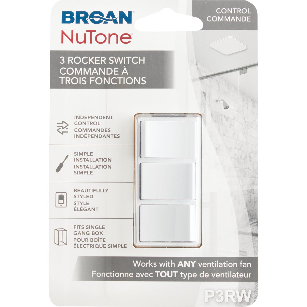 Broan-NuTone 3-Function 15A 120V White Rocker Switch for Bathroom Exhaust Fan Image 3