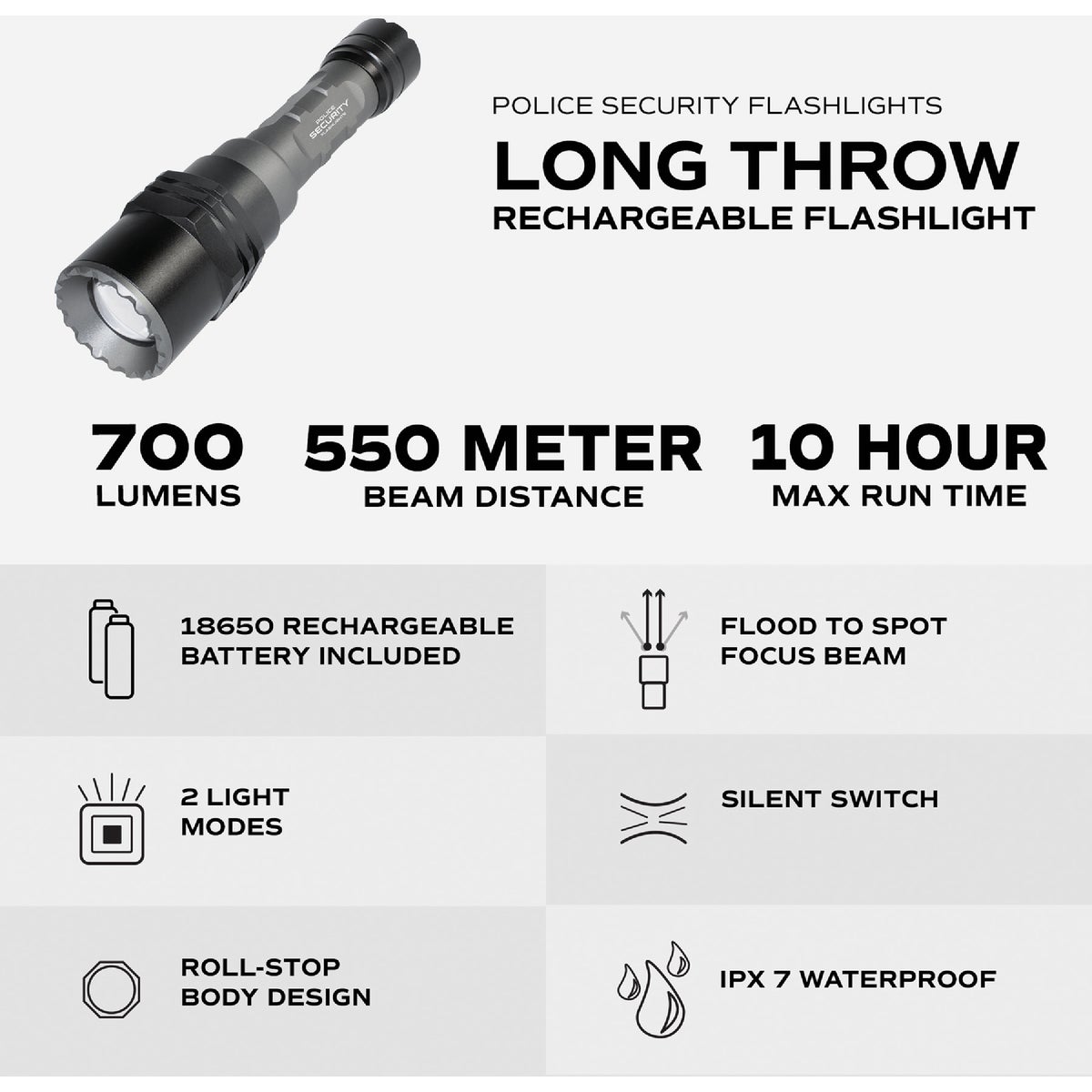 Police Security Long Throw TS-X 700 Lm. LED Flashlight Image 2
