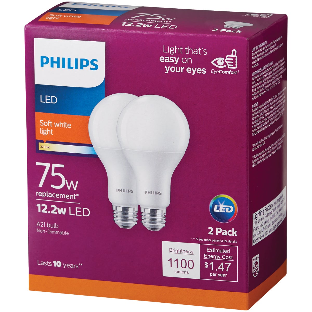 Philips 75W Equivalent Soft White A19 Medium LED Light Bulb (2-Pack) Image 4