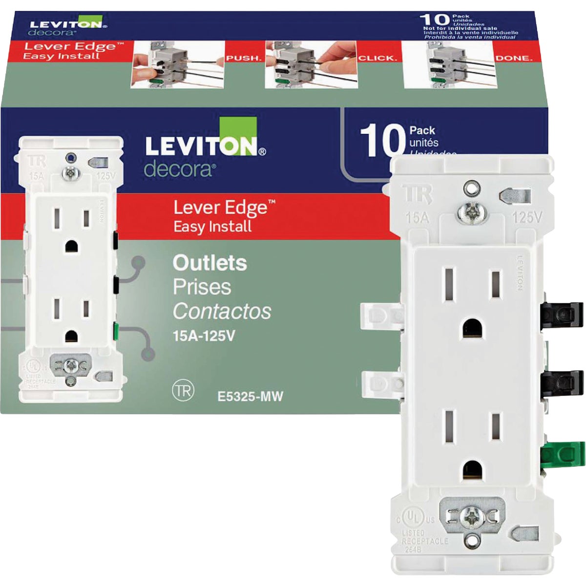 Leviton Decora Lever Edge 15A White Residential Grade 5-15R Duplex Outlet (10-Pack)