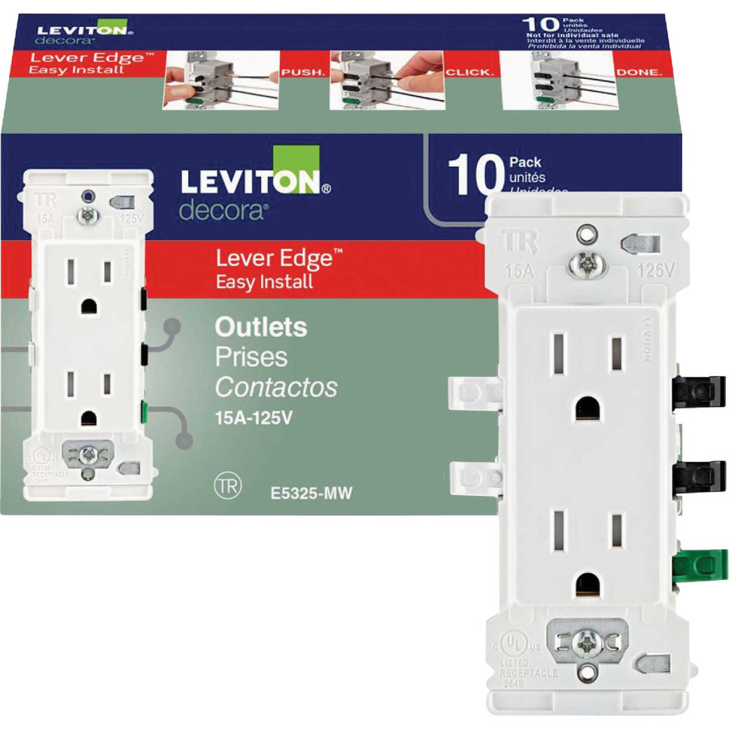 Leviton Decora Lever Edge 15A White Residential Grade 5-15R Duplex Outlet (10-Pack) Image 1