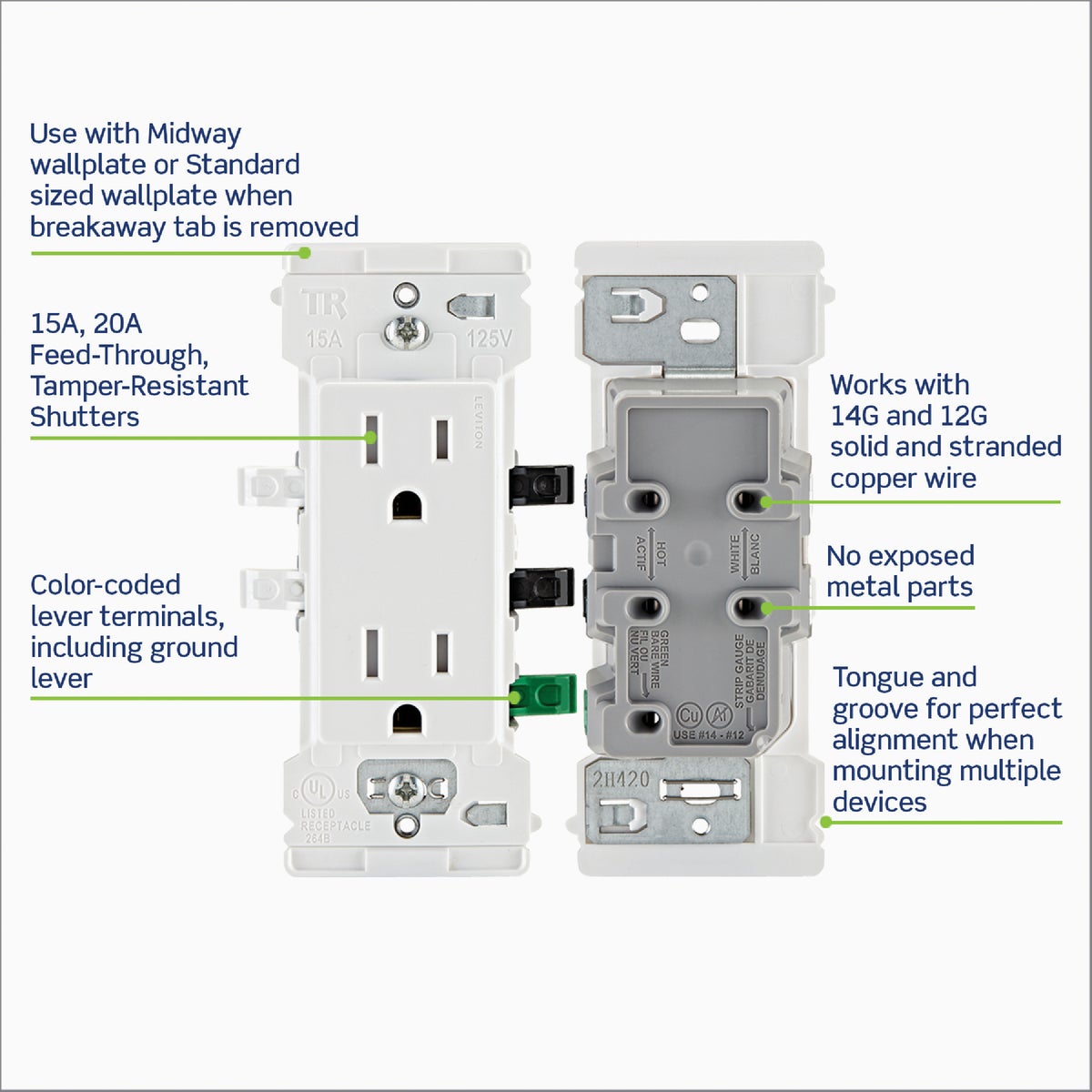 Leviton Decora Lever Edge 15A White Residential Grade 5-15R Duplex Outlet (10-Pack) Image 4