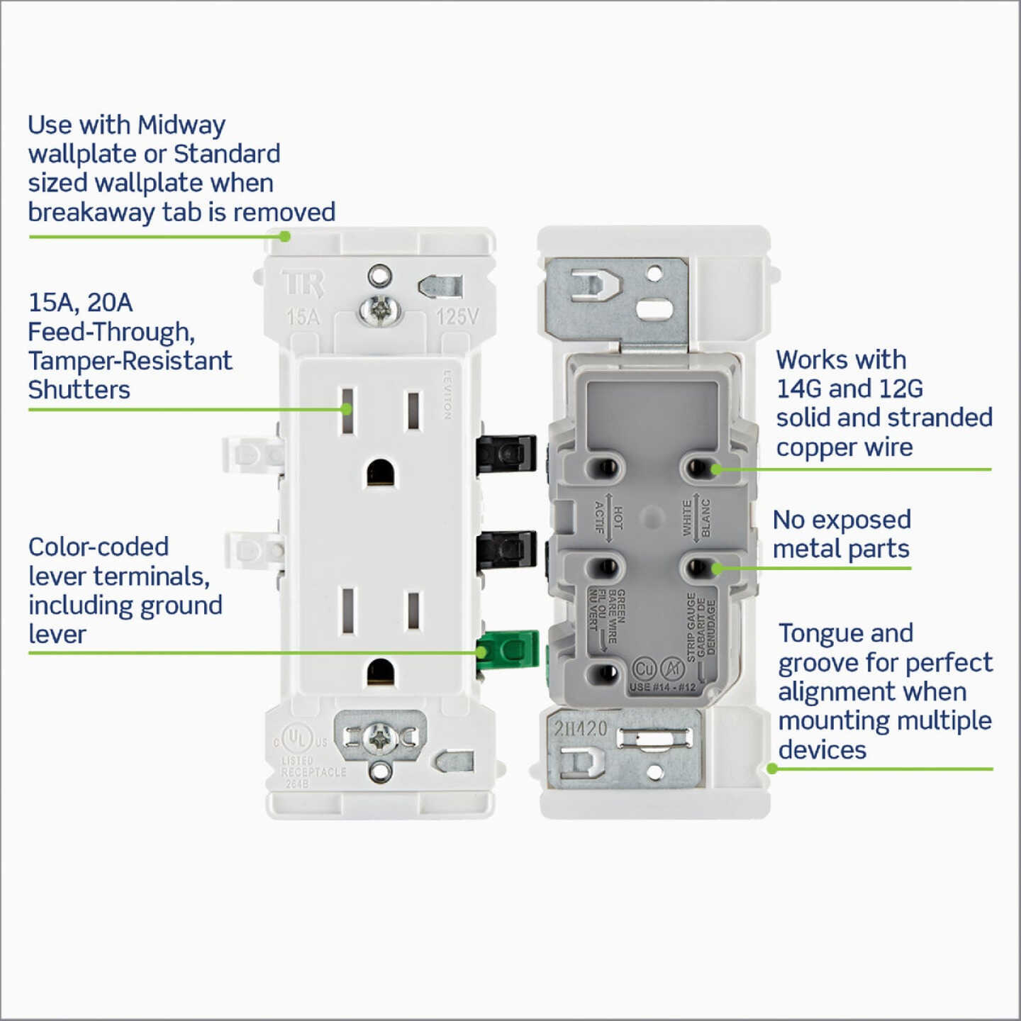 Leviton Decora Lever Edge 15A White Residential Grade 5-15R Duplex Outlet (10-Pack) Image 4