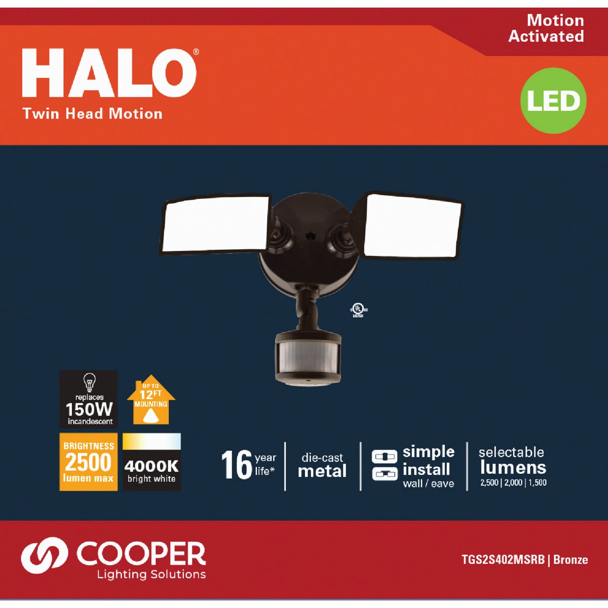 Halo Lumen Selectable Bronze Square Head Motion Activated LED Floodlight Fixture Image 2