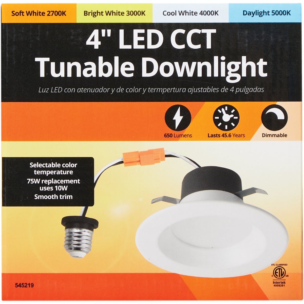 4 In. Retrofit IC Rated White LED CCT Tunable Downlight with Smooth Trim, 650 Lm. Image 2