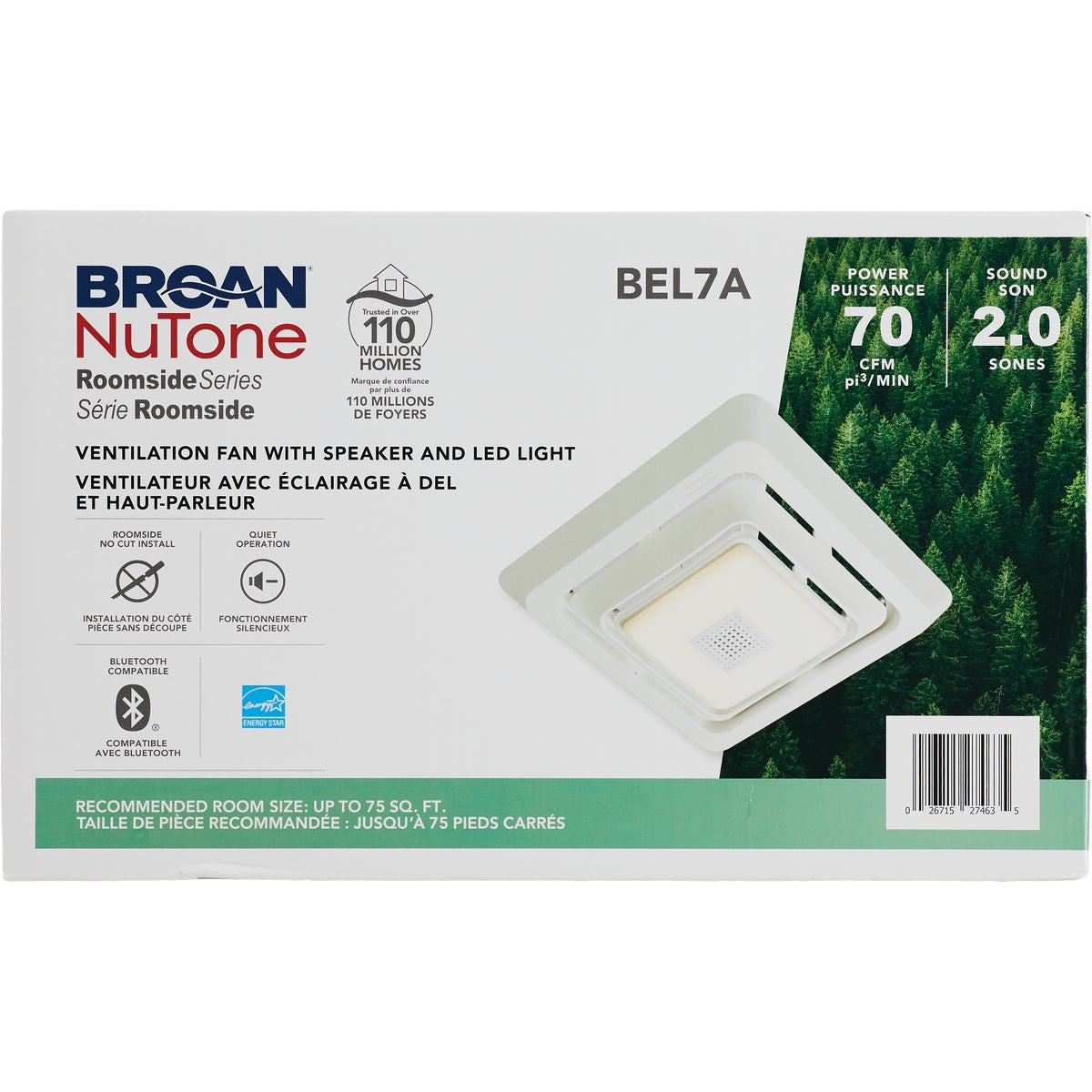 Broan-NuTone Roomside Series 70 CFM 2.0 Sones 120V Bluetooth Speaker Bathroom Exhaust Fan with LED Light Image 2
