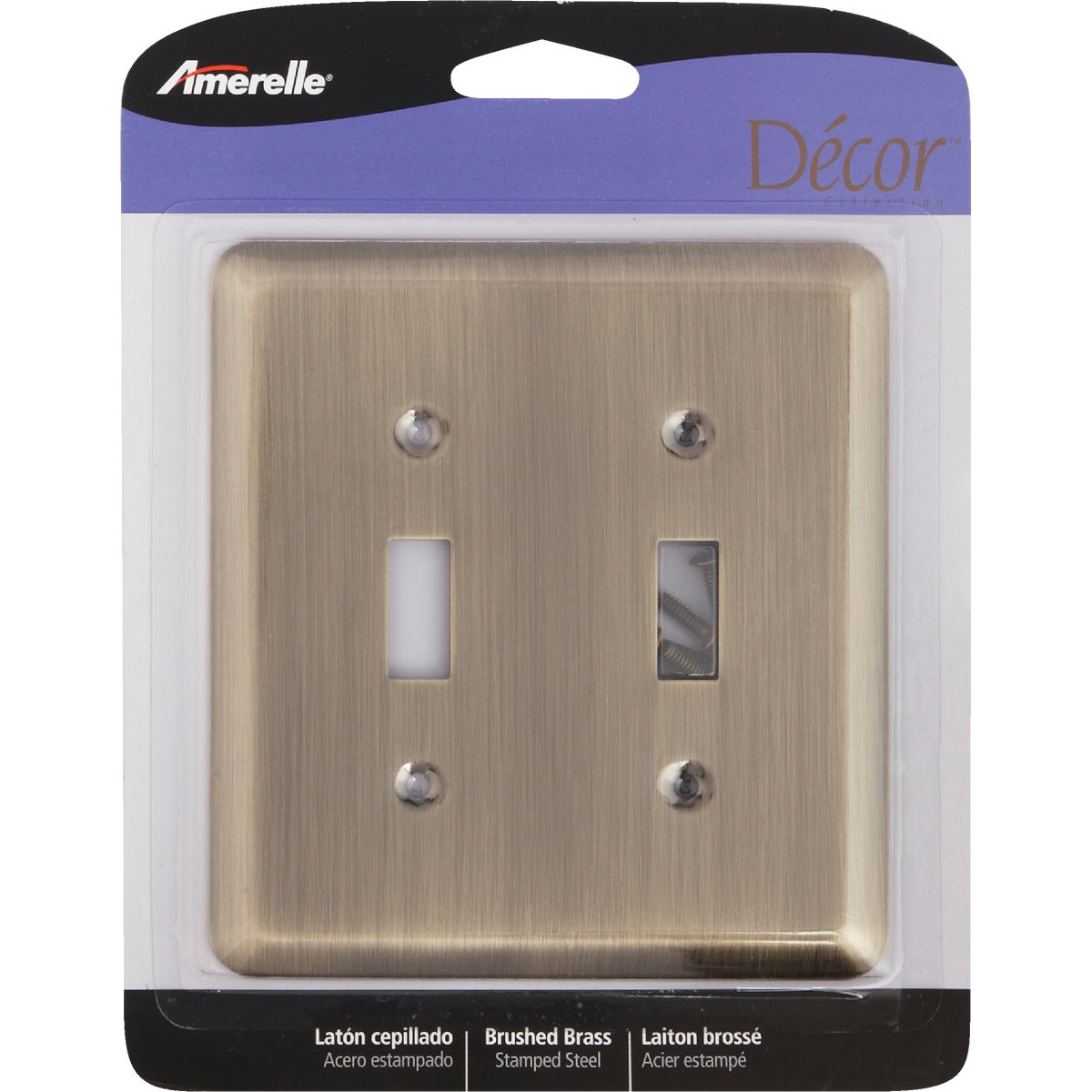 Amerelle 2-Gang Stamped Steel Toggle Switch Wall Plate, Brushed Brass Image 2