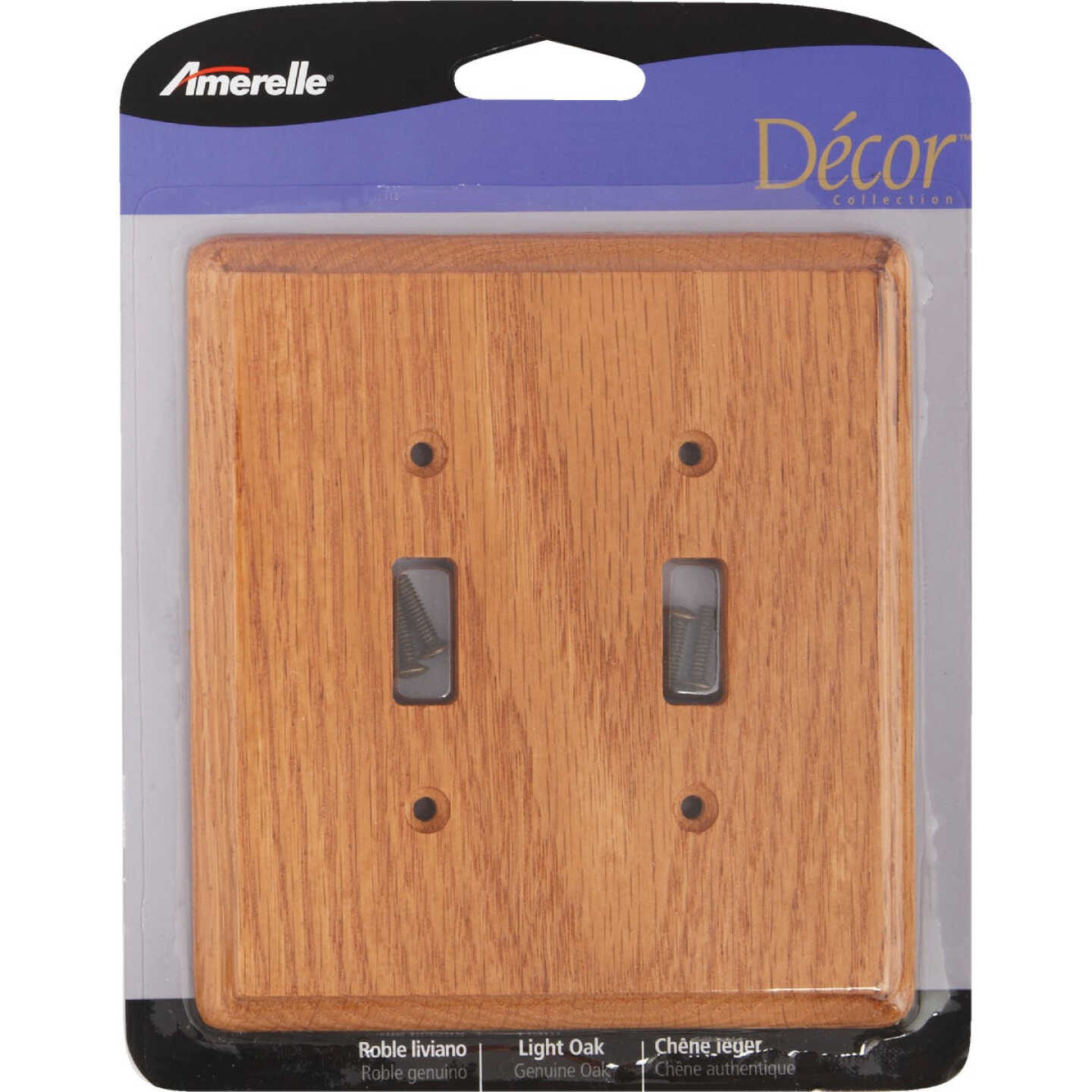 Amerelle 2-Gang Solid Oak Toggle Switch Wall Plate, Light Oak Image 2