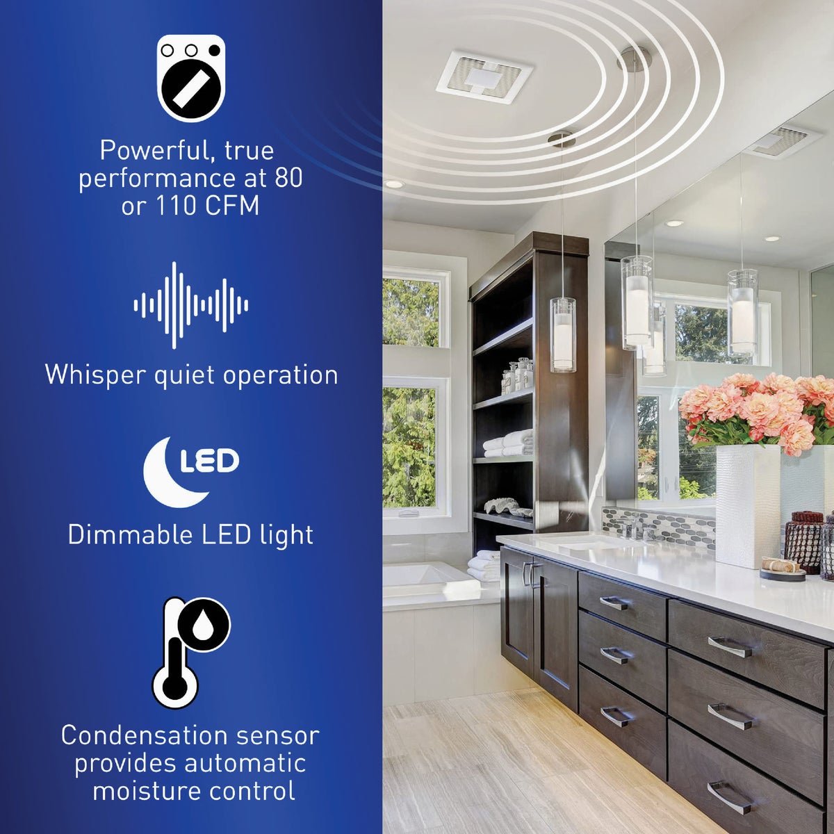 Panasonic Whisper Choice 80/110 CFM 0.3/0.4 Sones 120V Auto Bath Exhaust Fan with LED Light Image 3