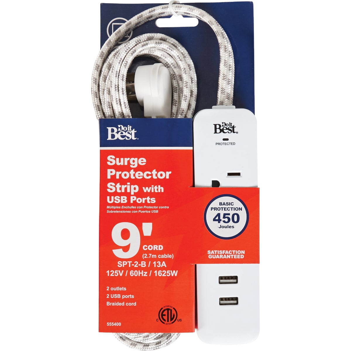 Do it Best 2-Outlet/2-USB 450J White Surge Protector with 9 Ft. Braided Cord & Right Angle Plug