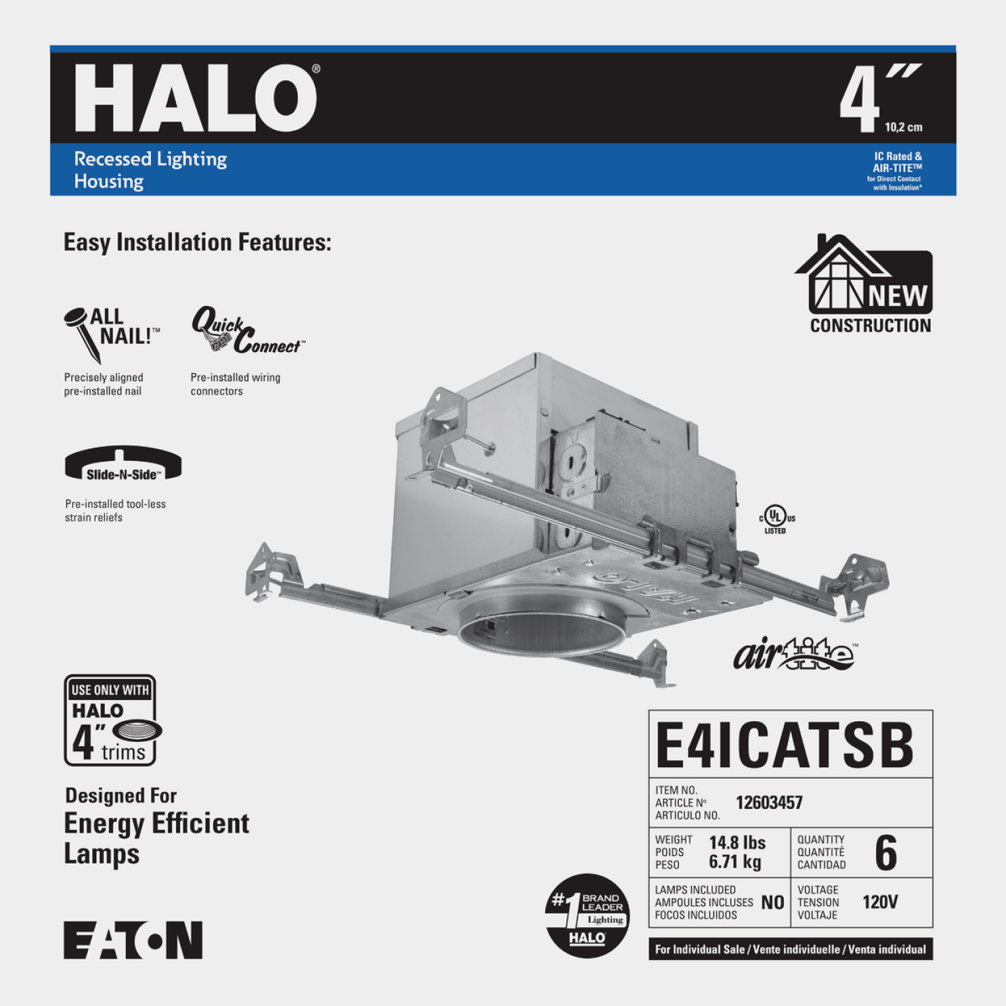 Halo Air-Tite 4 In. New Construction IC/Non-IC Rated Recessed Light Fixture with Adjustable Socket Bracket Image 2