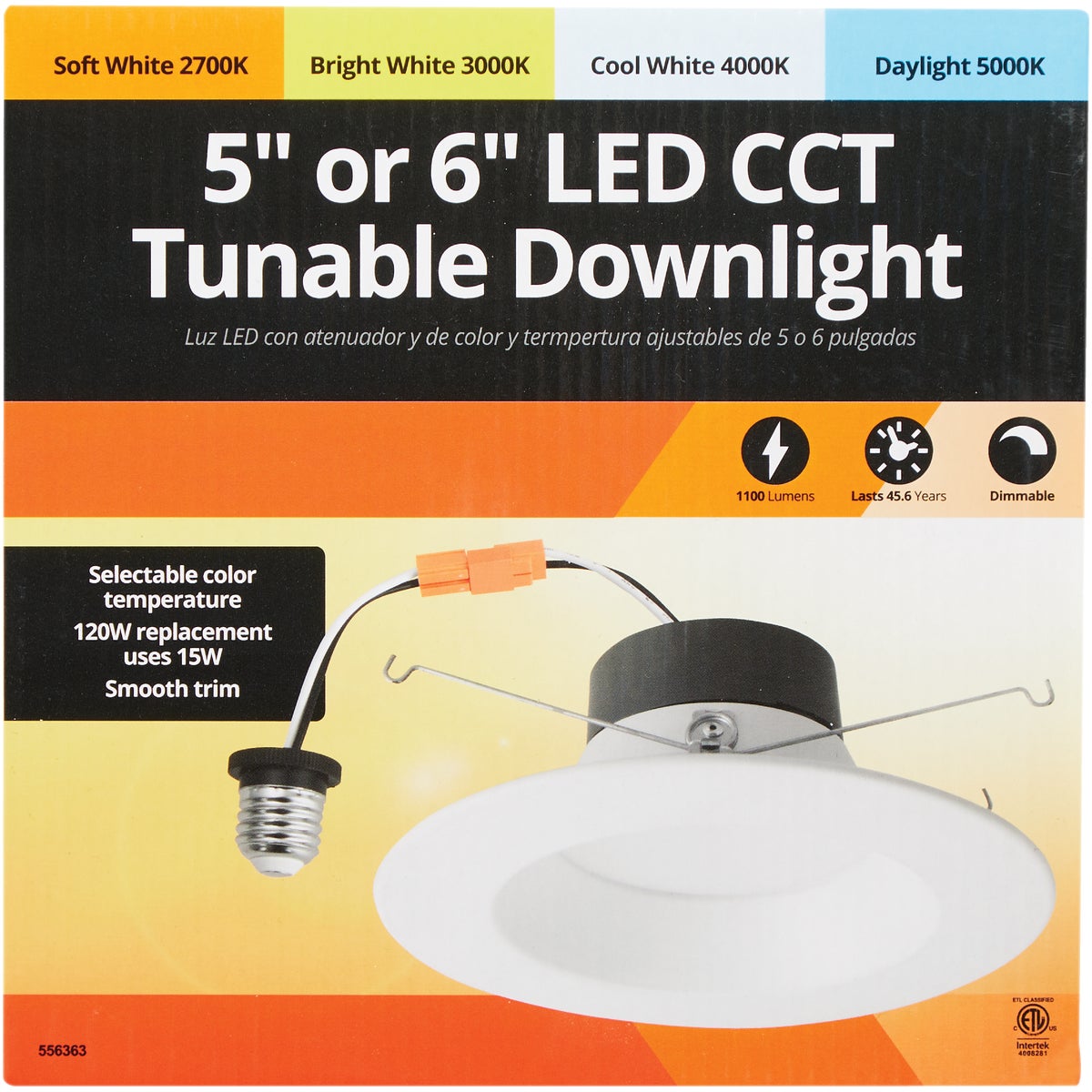 5 In./6 In. Retrofit IC Rated White LED CCT Tunable Downlight with Smooth Trim, 1230 Lm. Image 2