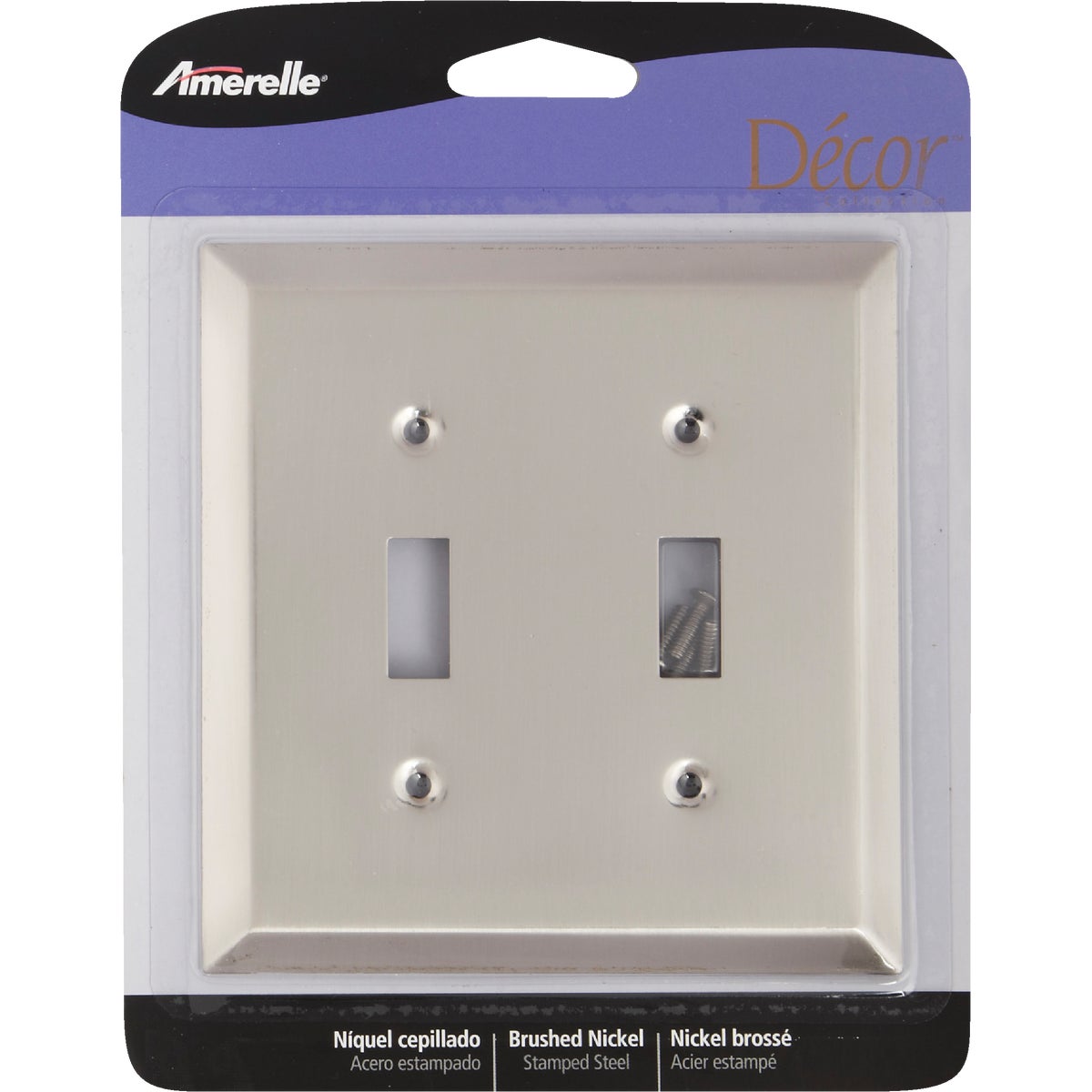 Amerelle 2-Gang Stamped Steel Toggle Switch Wall Plate, Brushed Nickel Image 2