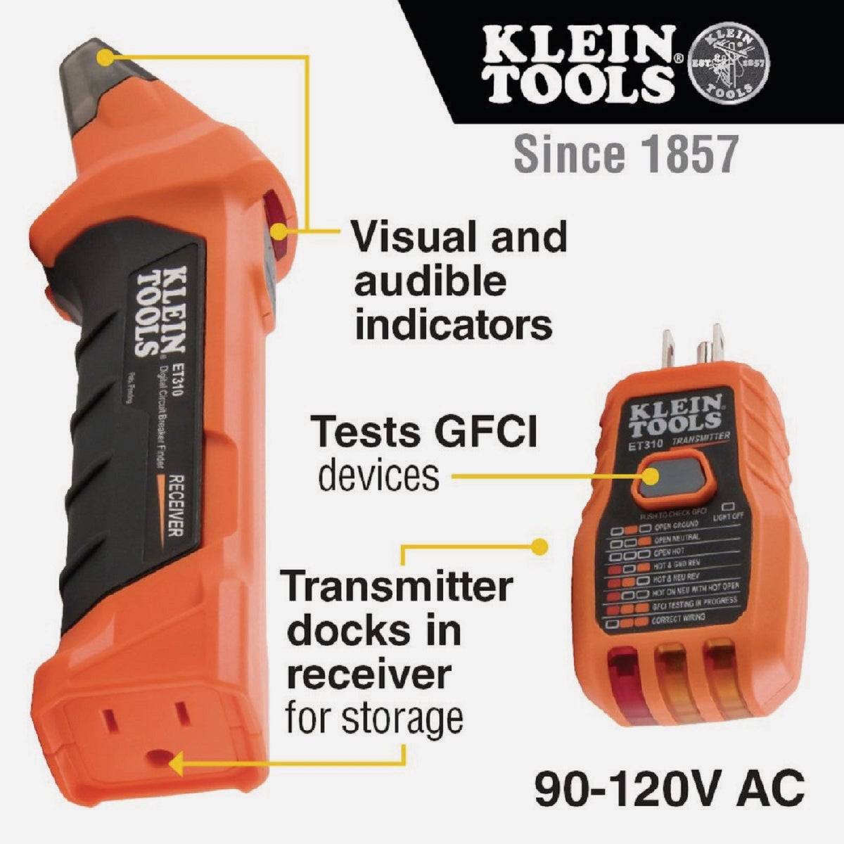 Klein 90V to 120V Circuit Breaker Finder with Integrated GFCI Outlet Tester Image 2