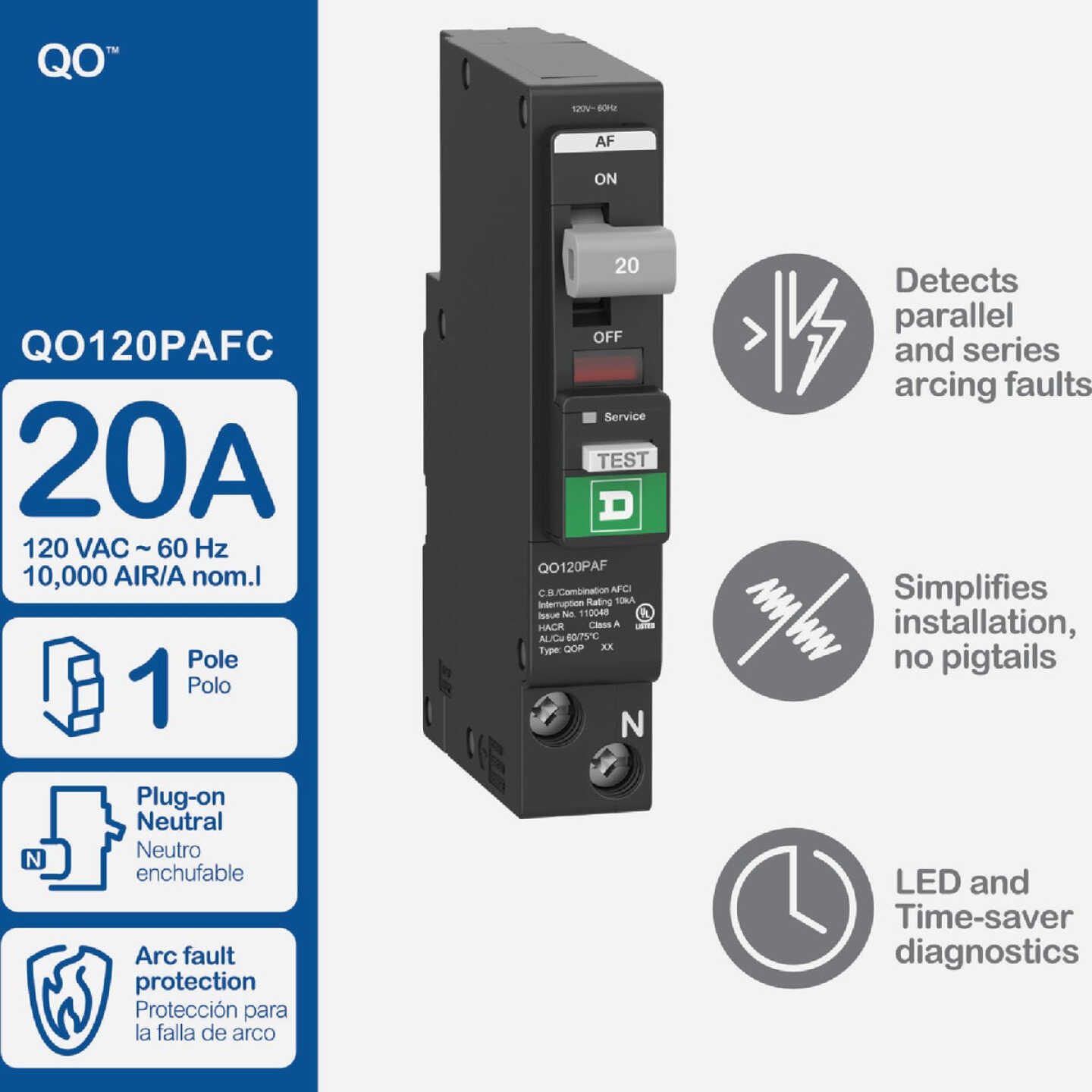 Square D QO 20A Single-Pole CAFCI Mini Dual Function Circuit Breaker Image 2