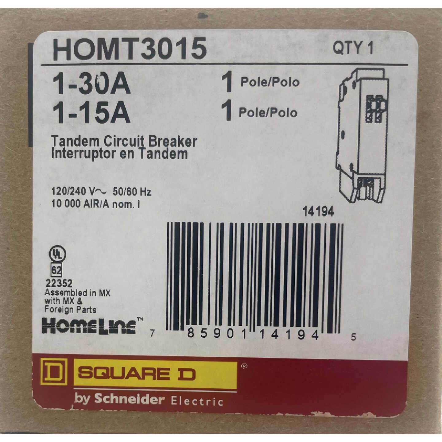 Square D Homeline 30A/15A Twin Single-Pole Standard Trip Tandem Circuit Breaker Image 2