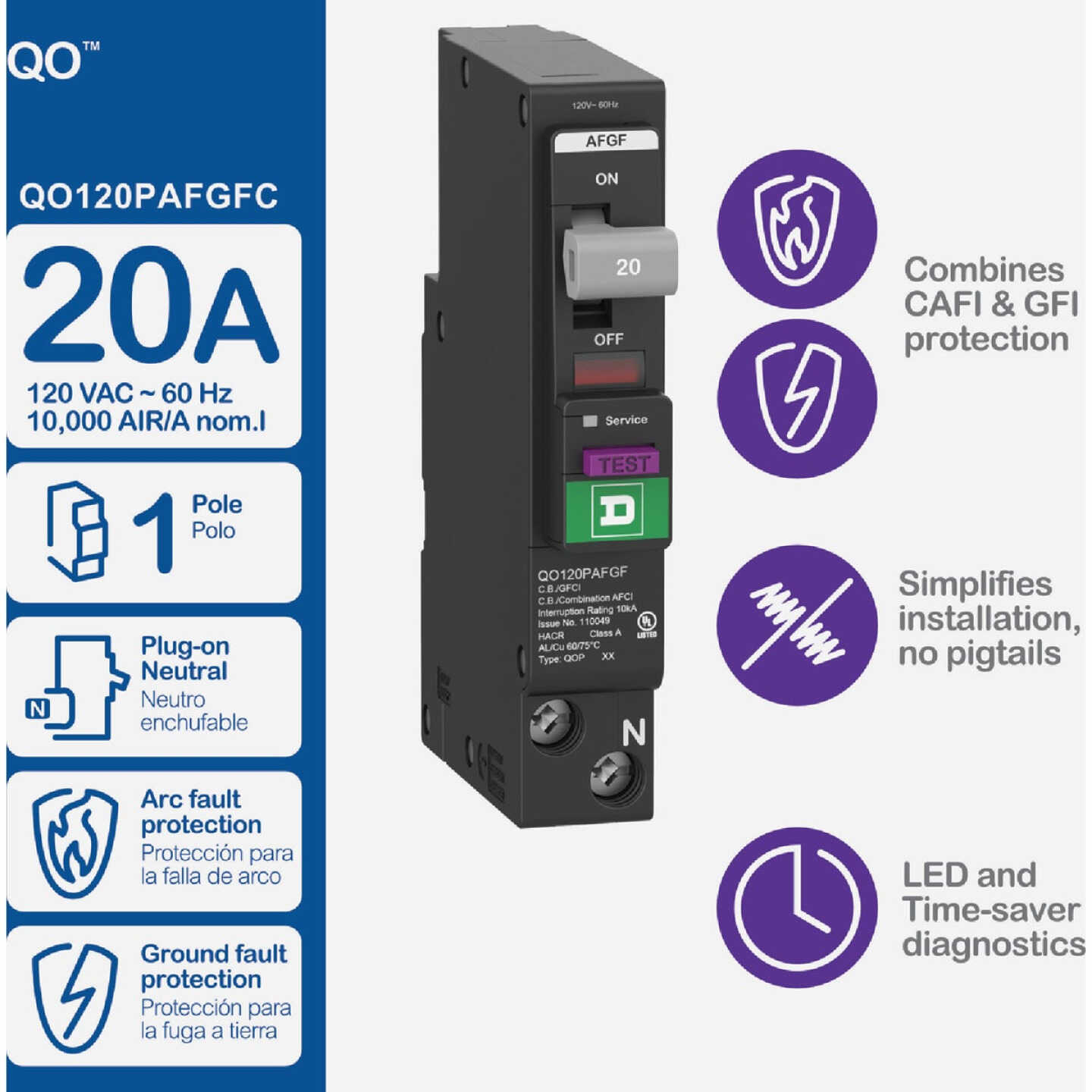 Square D QO 20A Single-Pole Dual Function Circuit Breaker Image 2