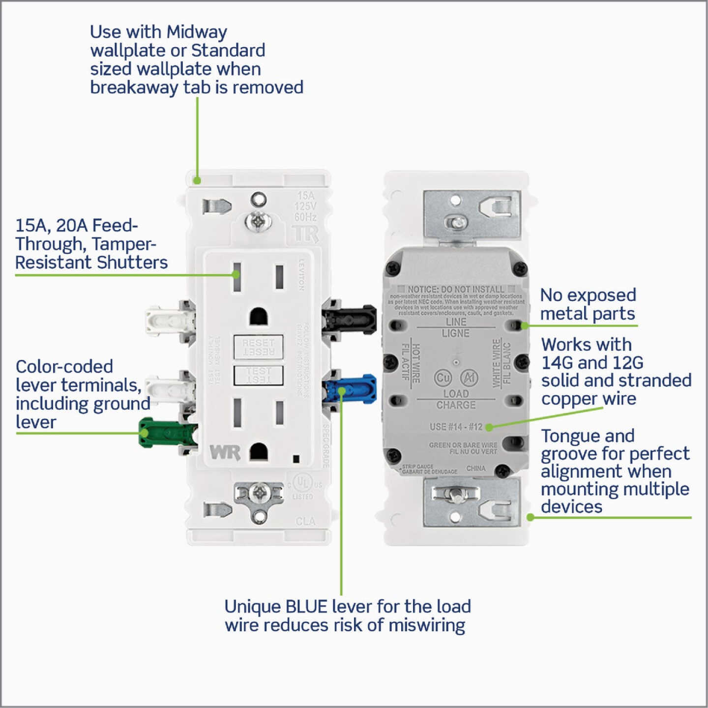 Leviton Lever Edge Self-Test 15A Tamper/Weather-Resistant GFCI Duplex Outlet Image 4