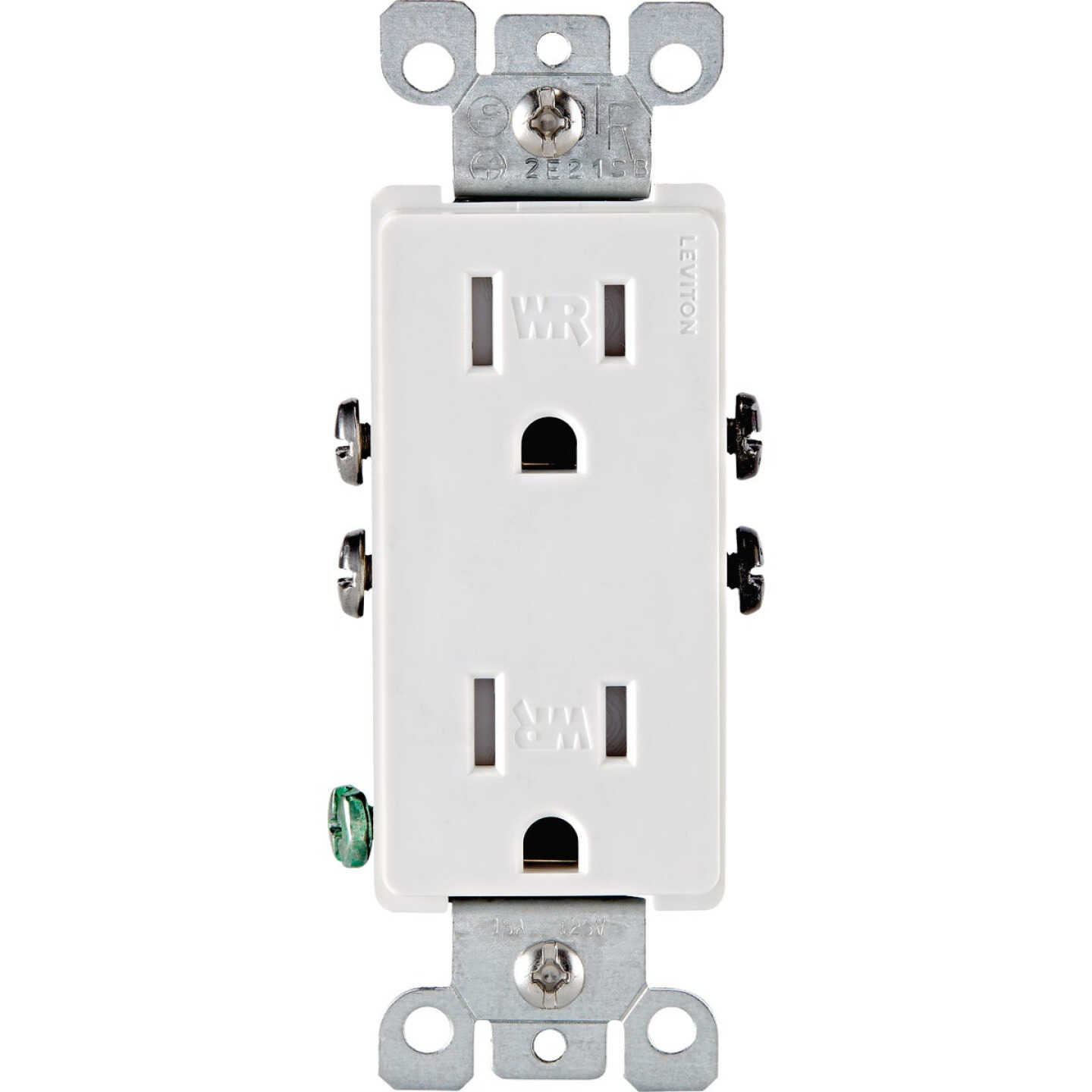 Leviton Decora 15A White Residential Grade 5-15R Weather & Tamper Resistant Duplex Outlet Image 1