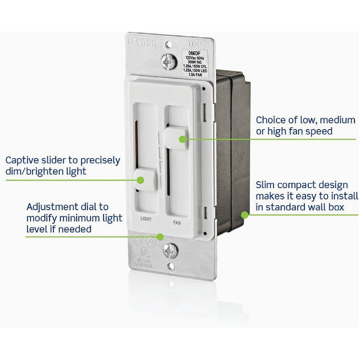 Leviton Decora SureSlide Fan & Incandescent/Halogen/LED Light White Slide Dimmer Switch Image 2