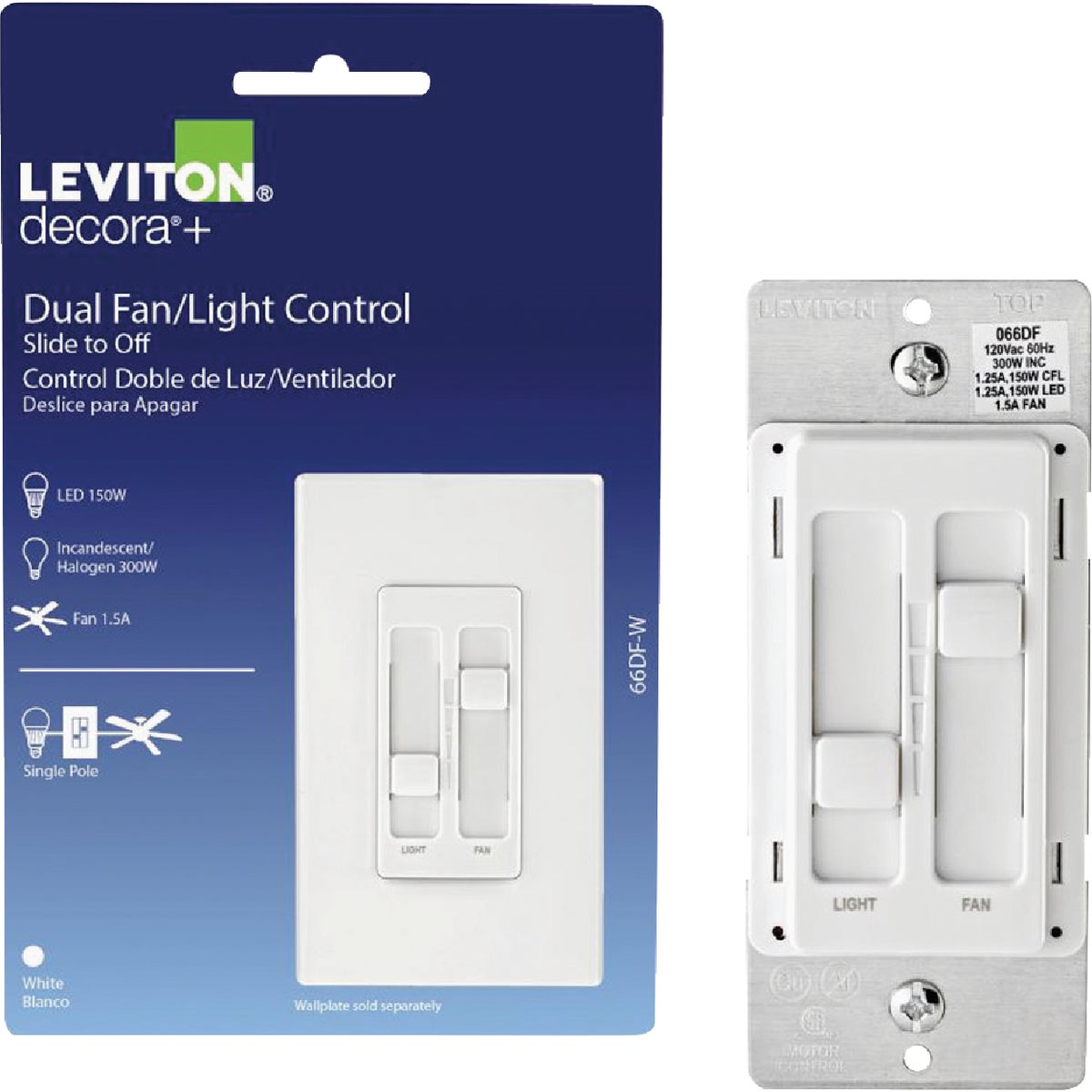 Leviton Decora SureSlide Fan & Incandescent/Halogen/LED Light White Slide Dimmer Switch