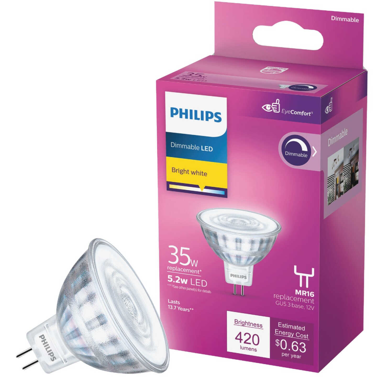 Philips 35W Equivalent Bright White MR16 GU5.3 Base LED Spotlight Light Bulb Image 1