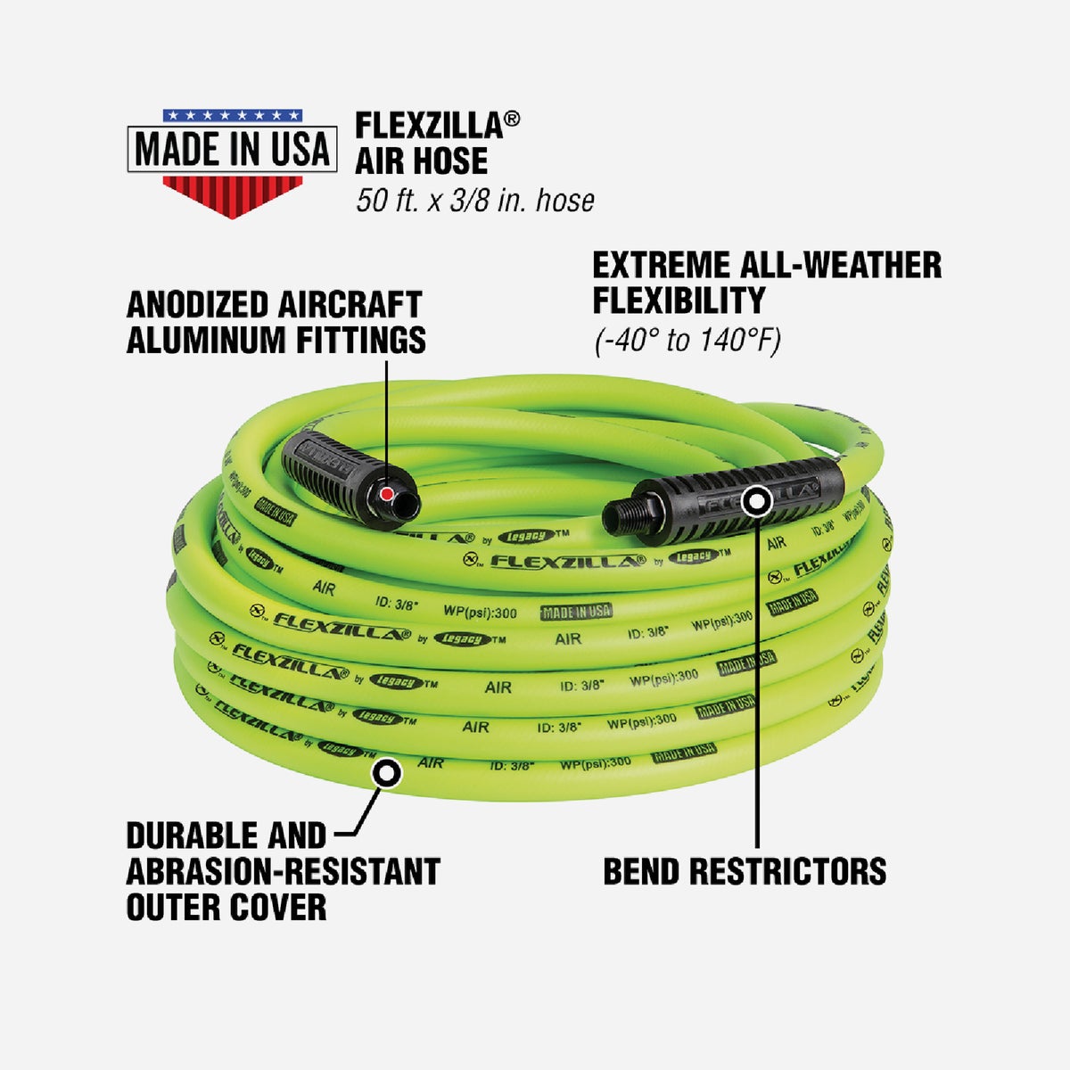 Flexzilla 3/8 In. x 50 Ft. Polymer-Blend Air Hose with 1/4 In. MNPT Fittings Image 2
