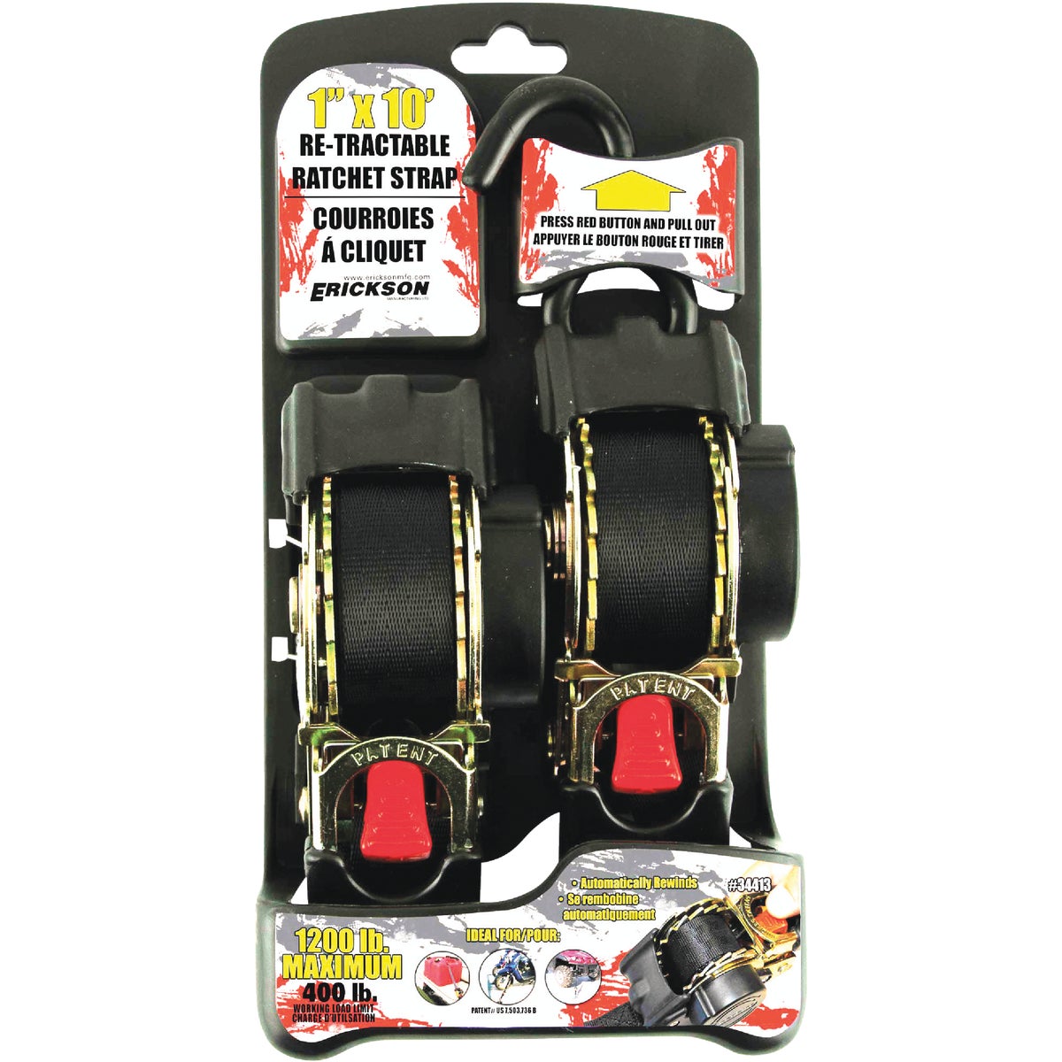 Erickson 1 In. x 10 Ft. 400 Lb. Re-Tractable Ratchet Strap (2-Pack) Image 4