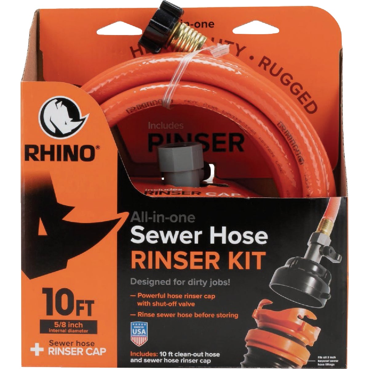 Rhino 5/8 In. Dia. 10 Ft. All-in-One Sewer Clean Out Hose with Rinse Cap