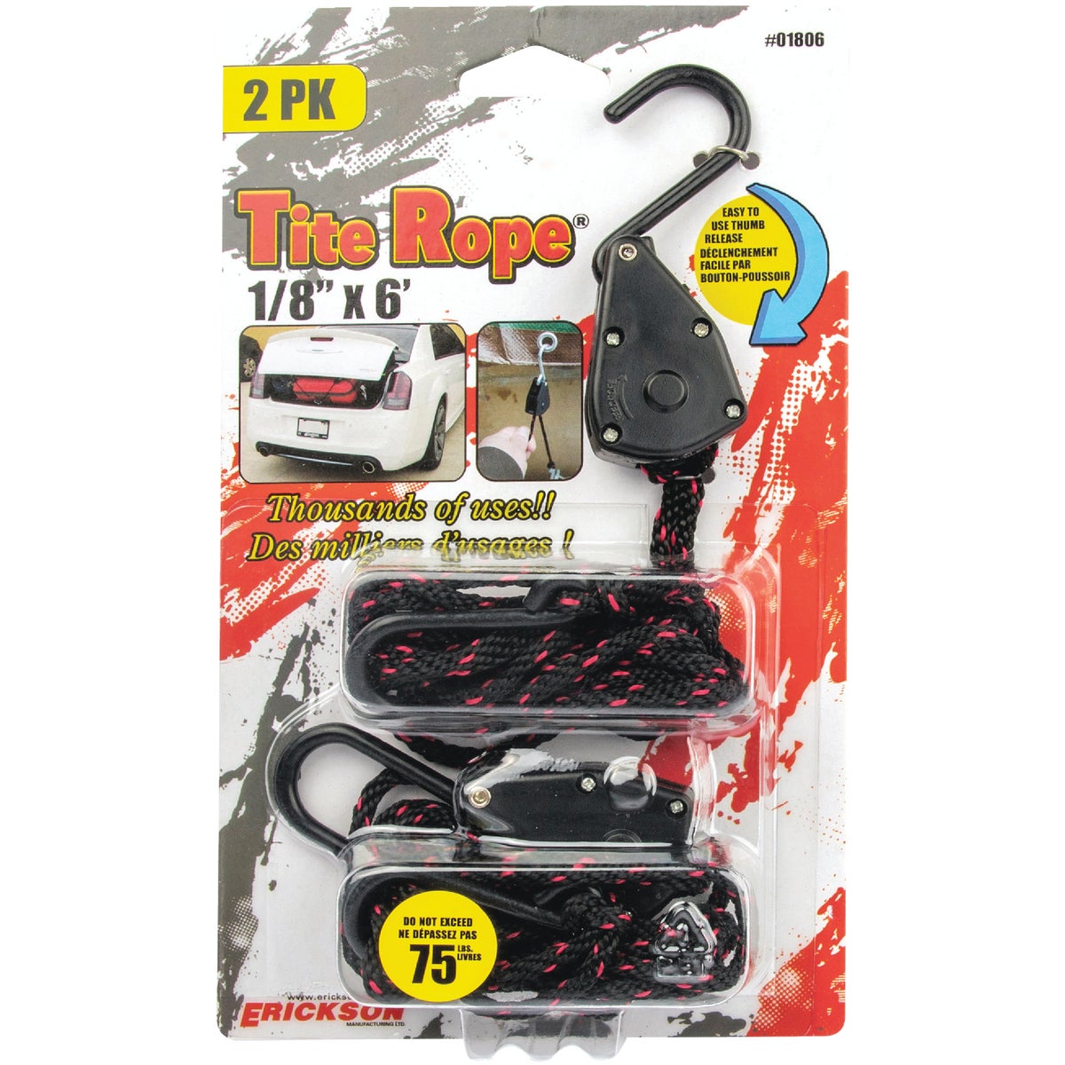 Erickson Tite Rope 1/8" x 6'  75 Lb. Capacity Rope Ratchet (2-Pack) Image 3