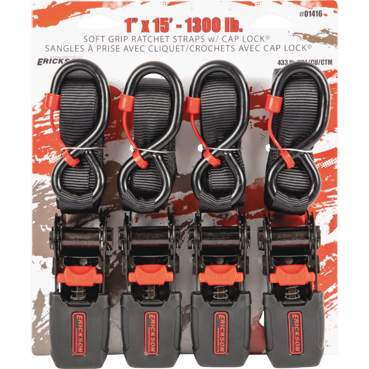 Erickson 1 In. x 15 Ft. 1300 Lb. Soft Grip Ratchet Tie-Down W/Cap Locks (4-Pack) Image 2
