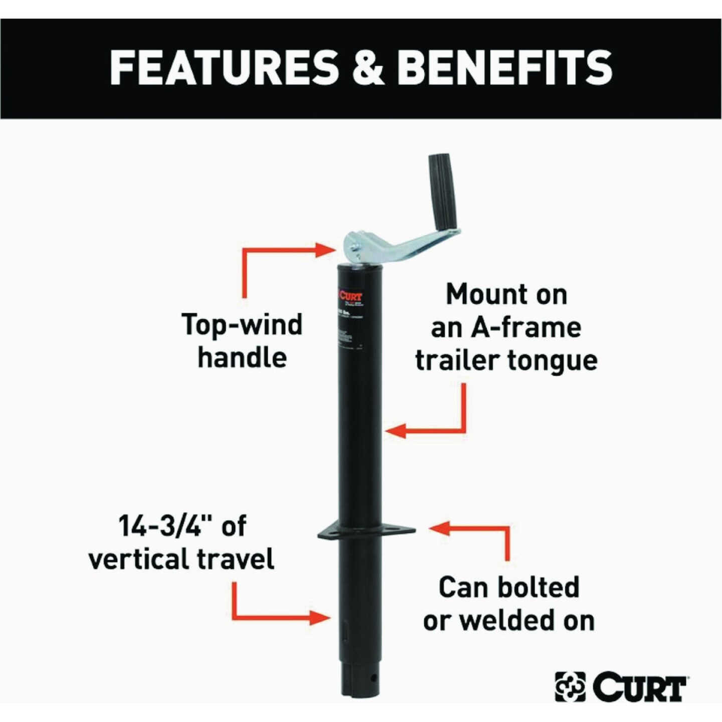 Curt 2000 Lb. A-Frame Jack With Top Handle, 15 In. Travel Image 2