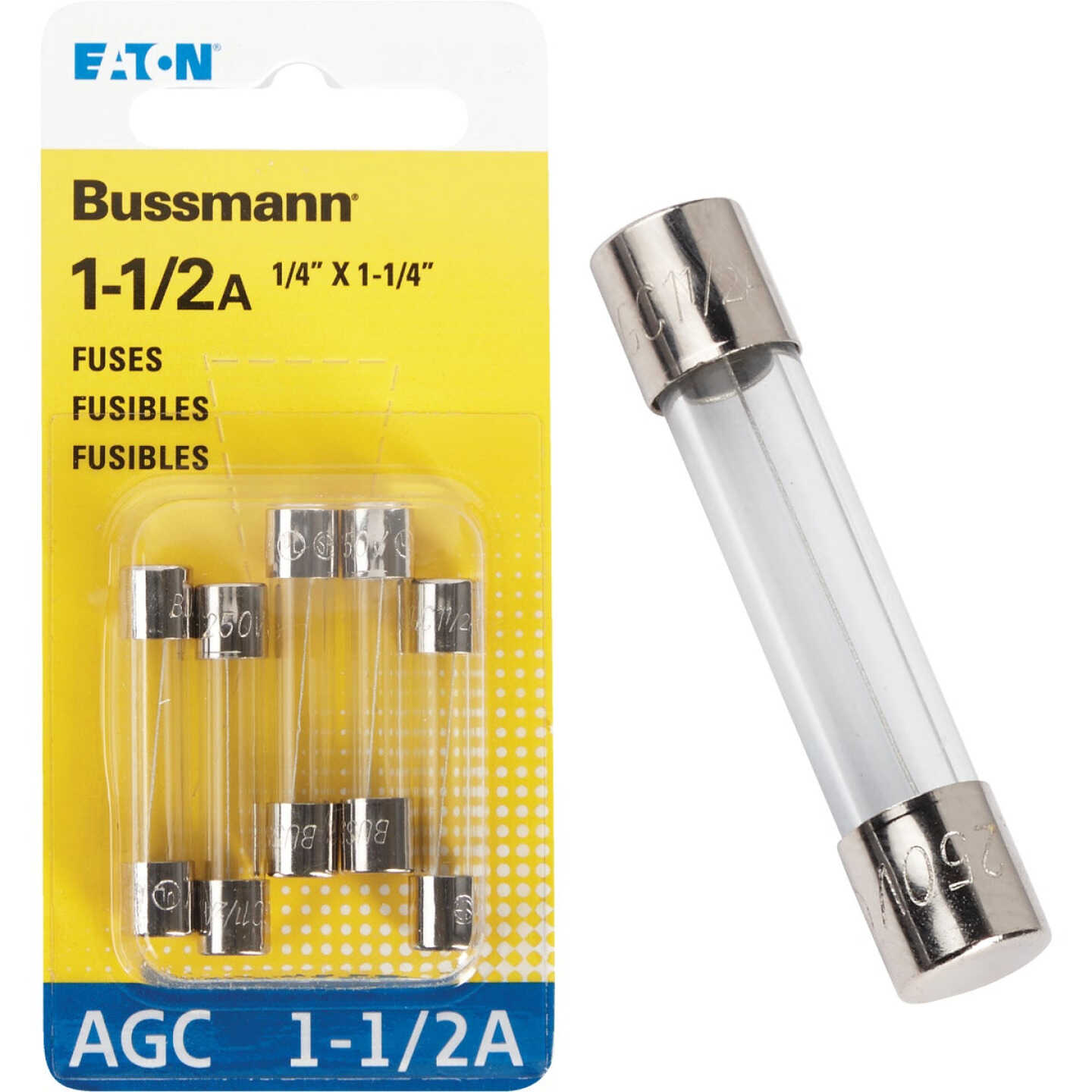 Bussmann 1-1/2A 250V AGC Glass Tube Automotive Fuse (5-Pack) Image 1