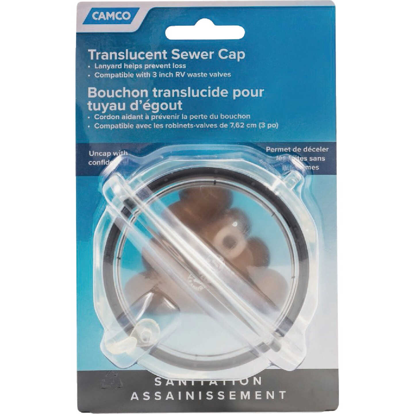 Camco RV Translucent Sewer Cap with Lanyard Image 1