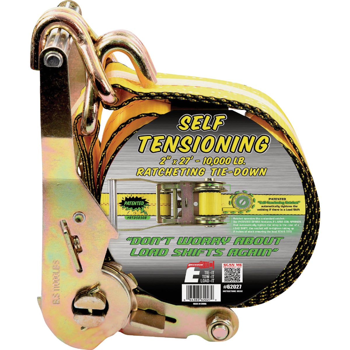 Erickson 2 In. x 27 Ft. Self Tensioning Ratchet Strap with Double "J" Hooks Image 2