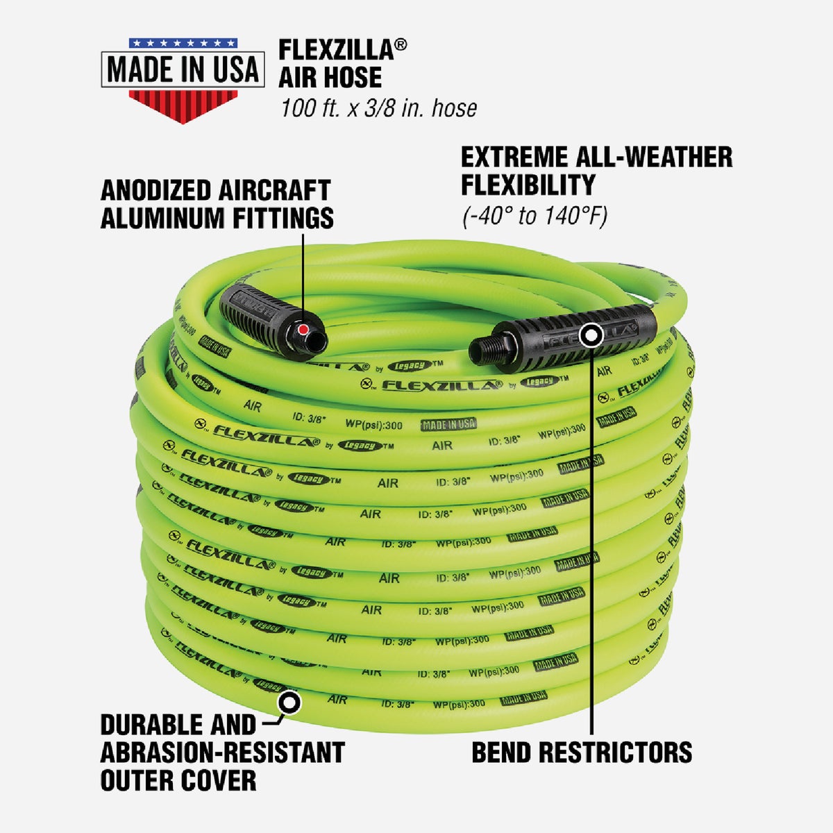 Flexzilla 3/8 In. x 100 Ft. Polymer-Blend Air Hose with 1/4 In. MNPT Fittings Image 2