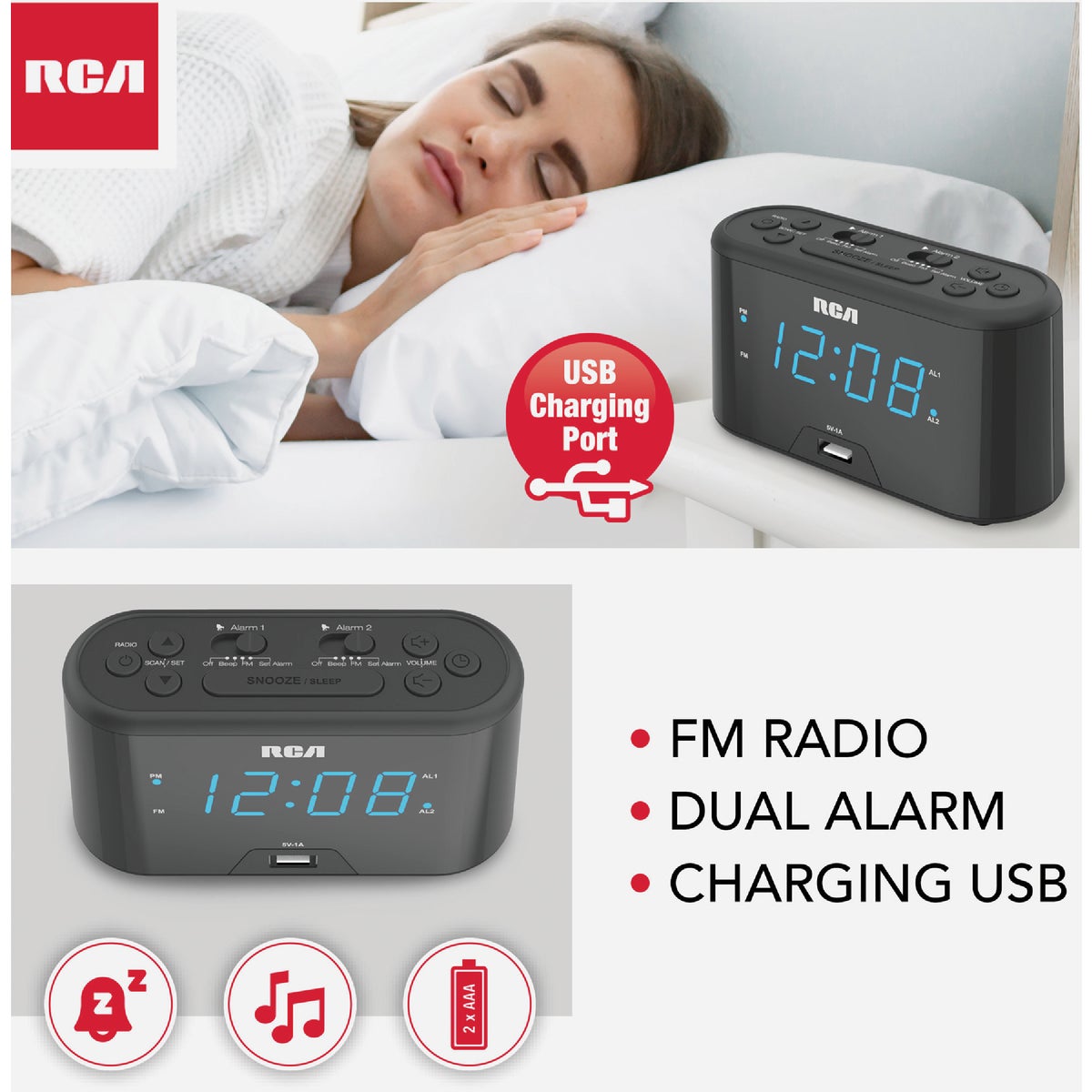 RCA USB Dual Alarm Clock Radio Image 3