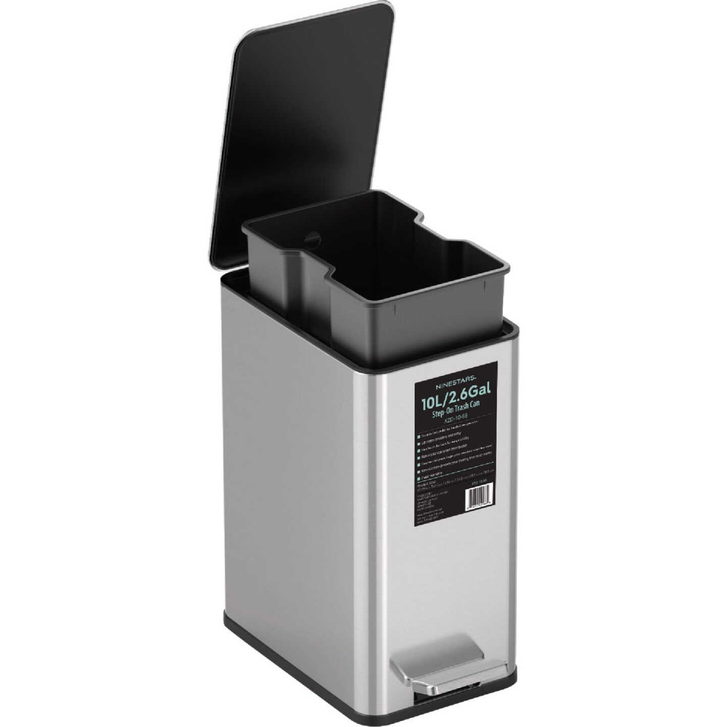 Ninestars 2.6 Gal. Slim Brushed Stainless Steel Pedal Trash Can Image 4