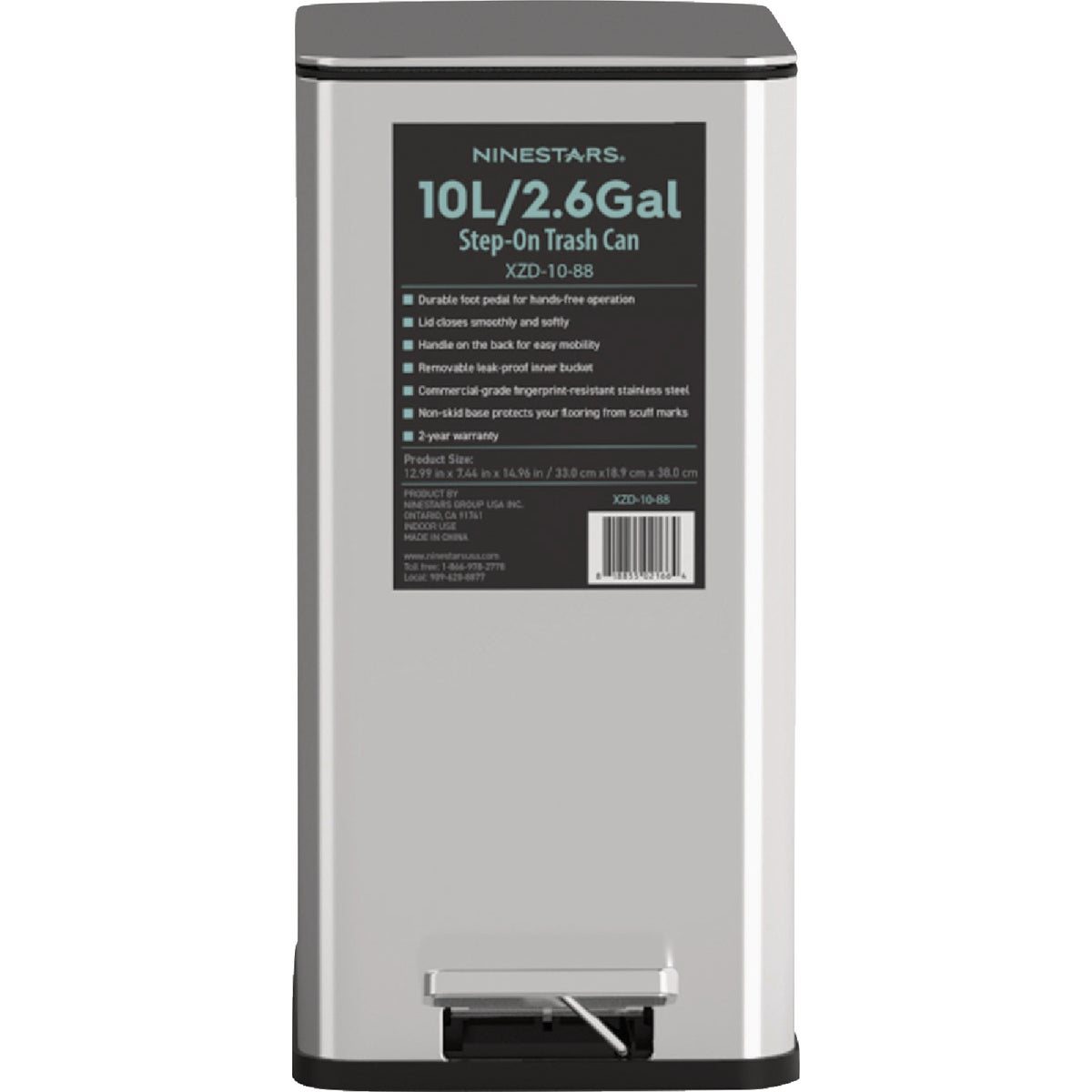 Ninestars 2.6 Gal. Slim Brushed Stainless Steel Pedal Trash Can